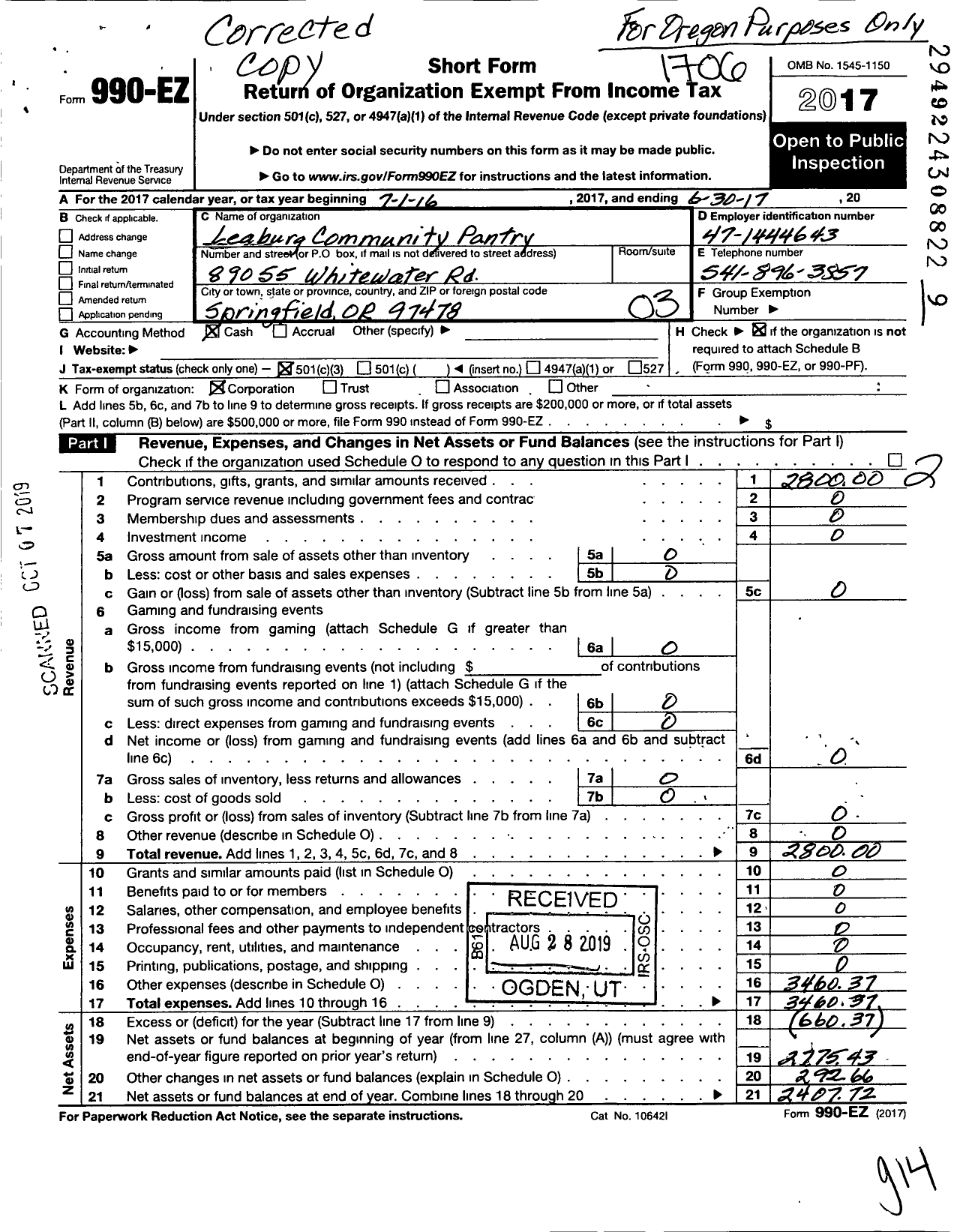 Image of first page of 2017 Form 990EZ for Leaburg Community Pantry