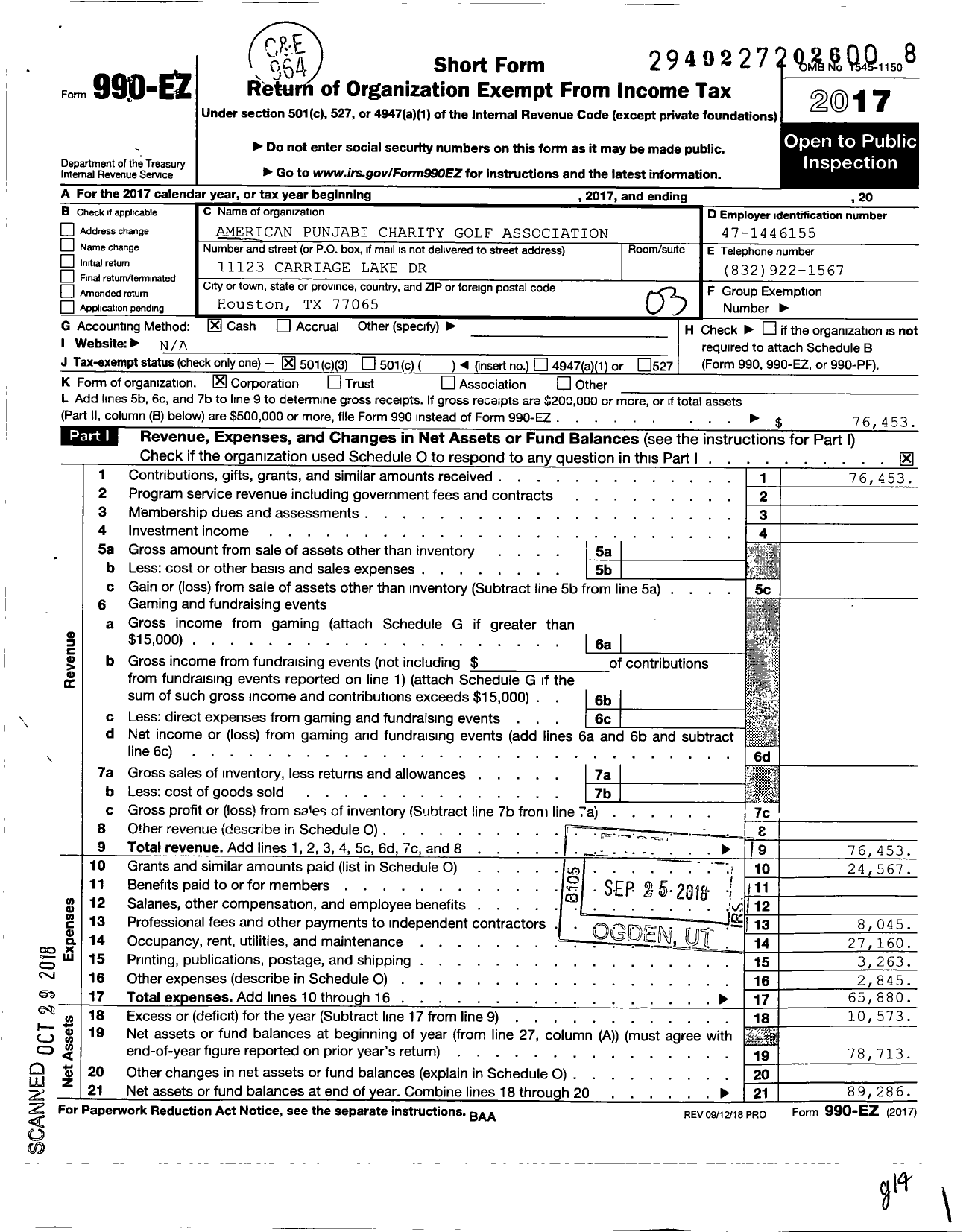 Image of first page of 2017 Form 990EZ for American Punjabi Charity Golf Association