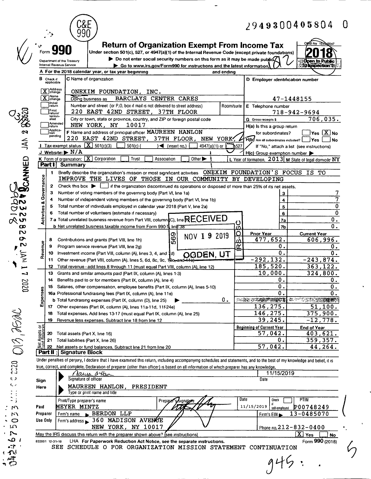 Image of first page of 2018 Form 990 for Onexim Foundation