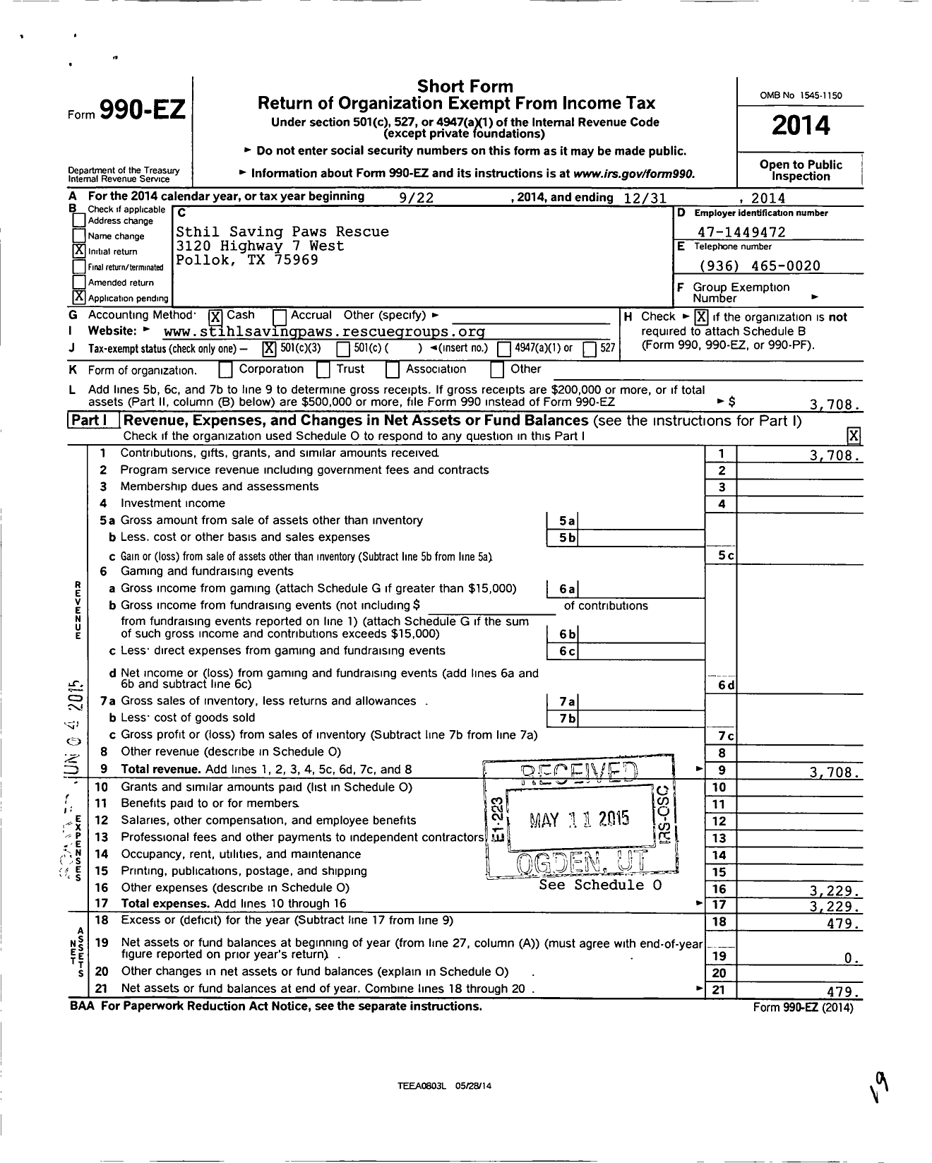 Image of first page of 2014 Form 990EZ for Stihl Saving Paws