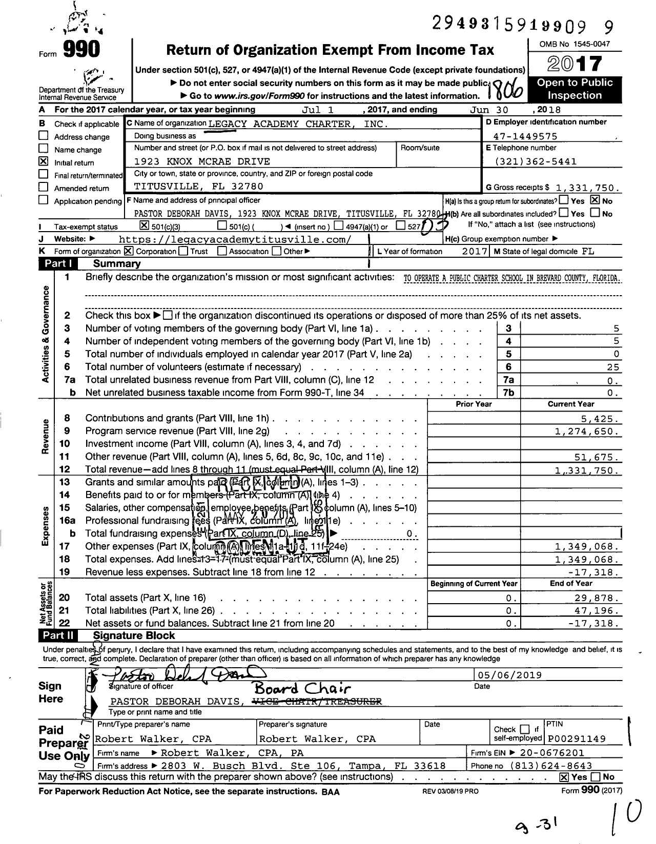 Image of first page of 2017 Form 990 for Legacy Academy Charter