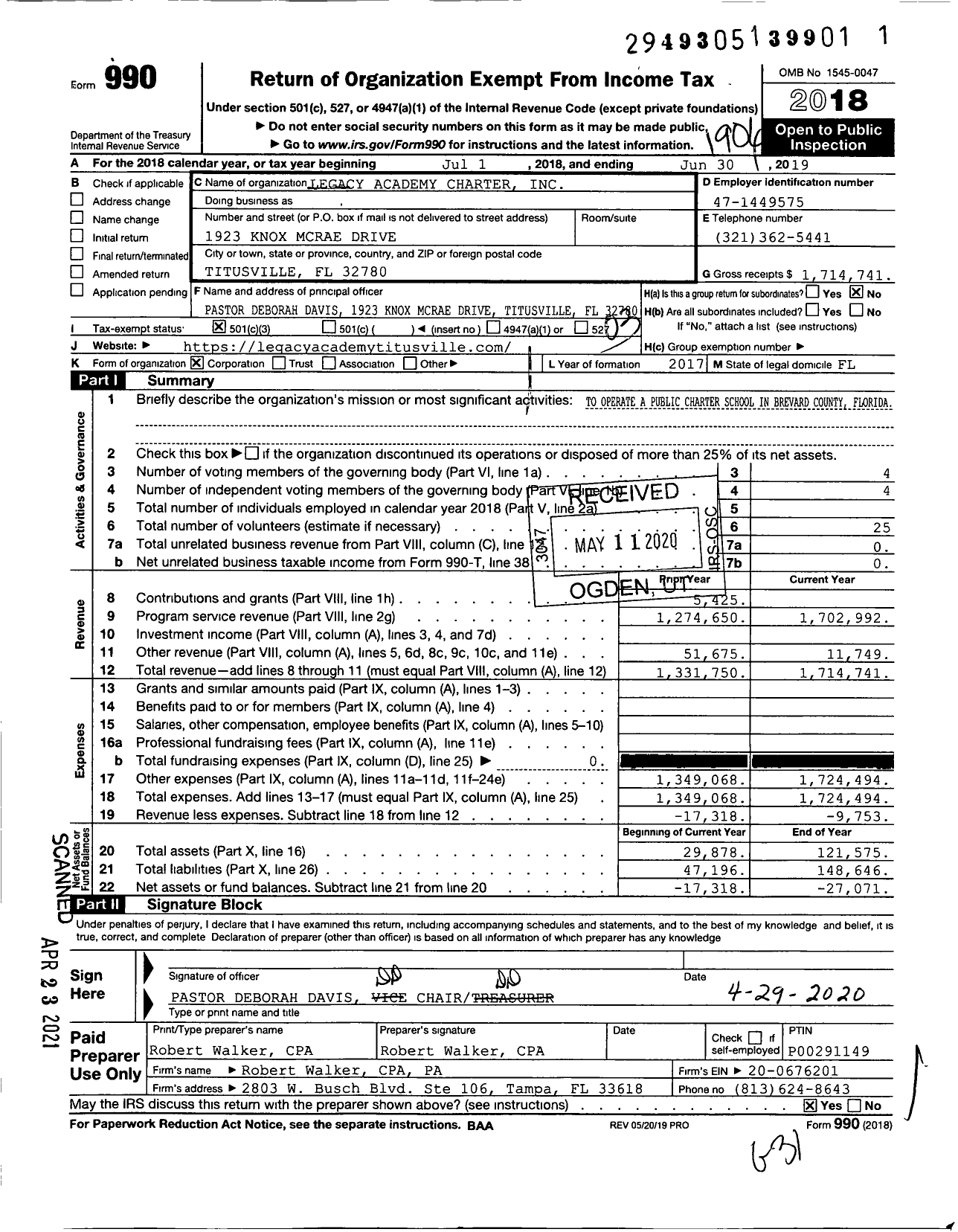 Image of first page of 2018 Form 990 for Legacy Academy Charter