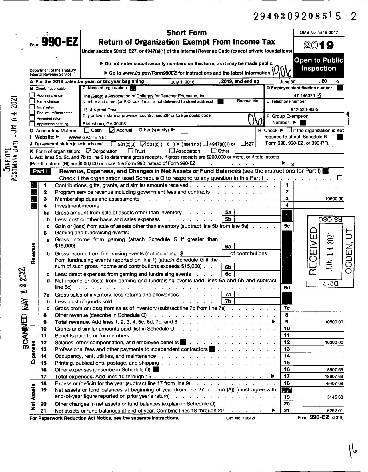 Image of first page of 2018 Form 990EO for The Georgia Association of Colleges for Teacher Education