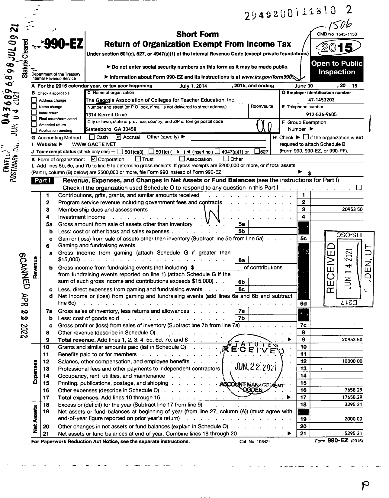 Image of first page of 2014 Form 990EO for The Georgia Association of Colleges for Teacher Education