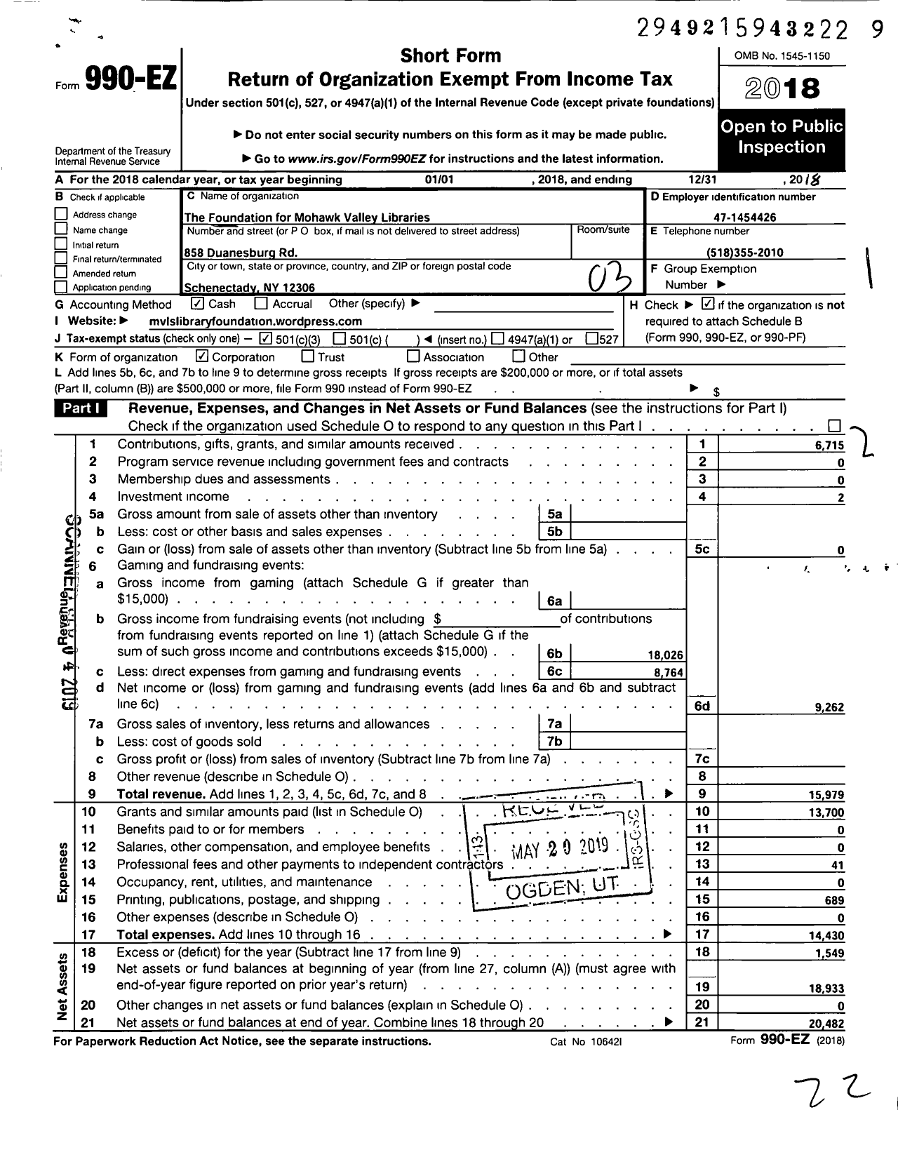 Image of first page of 2018 Form 990EZ for Foundation for Mohawk Valley Libraries