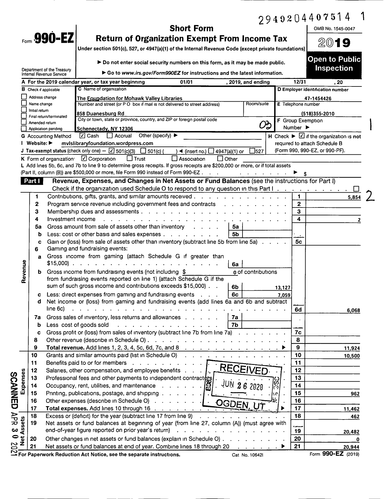 Image of first page of 2019 Form 990EZ for Foundation for Mohawk Valley Libraries