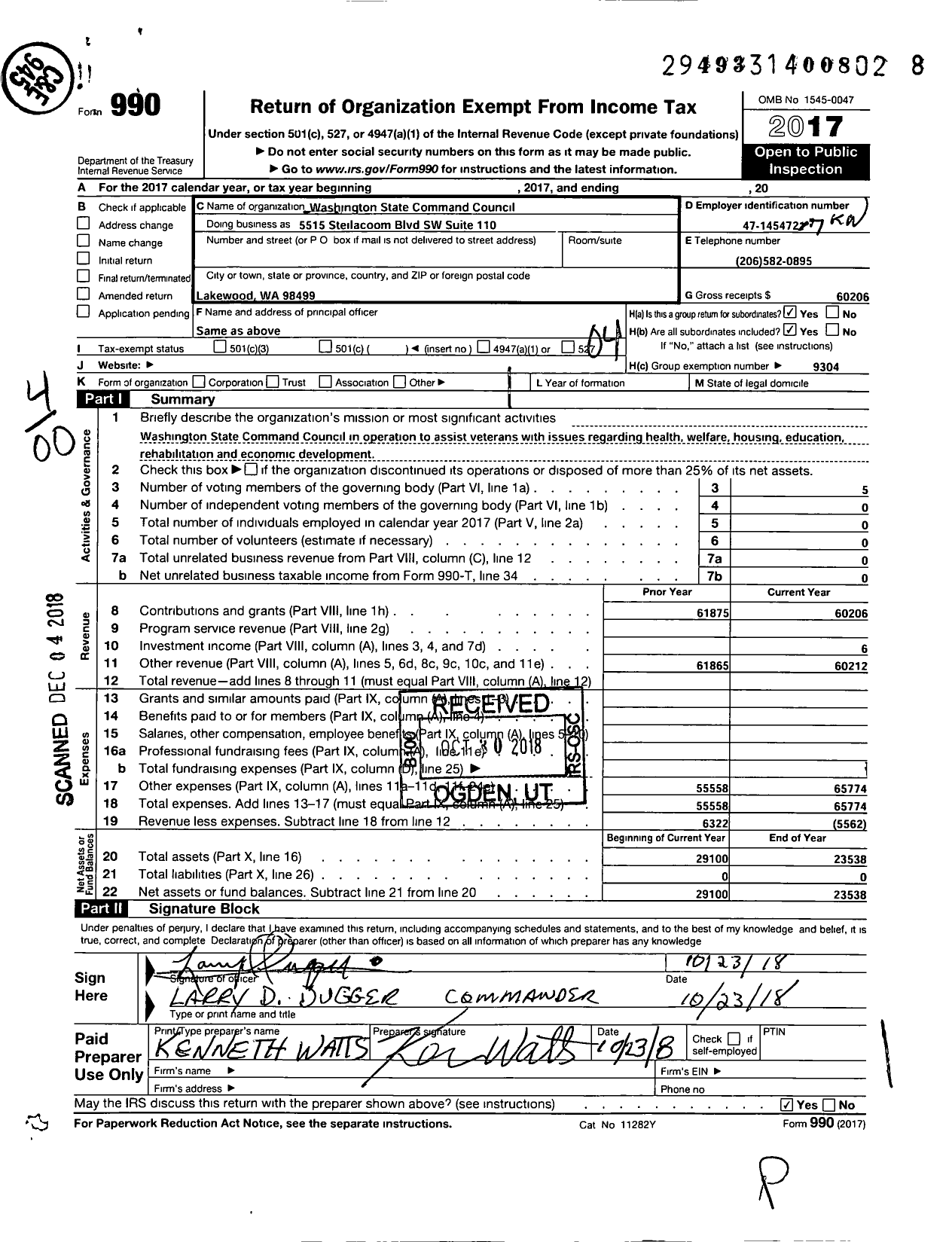 Image of first page of 2017 Form 990O for Washington State Command Council