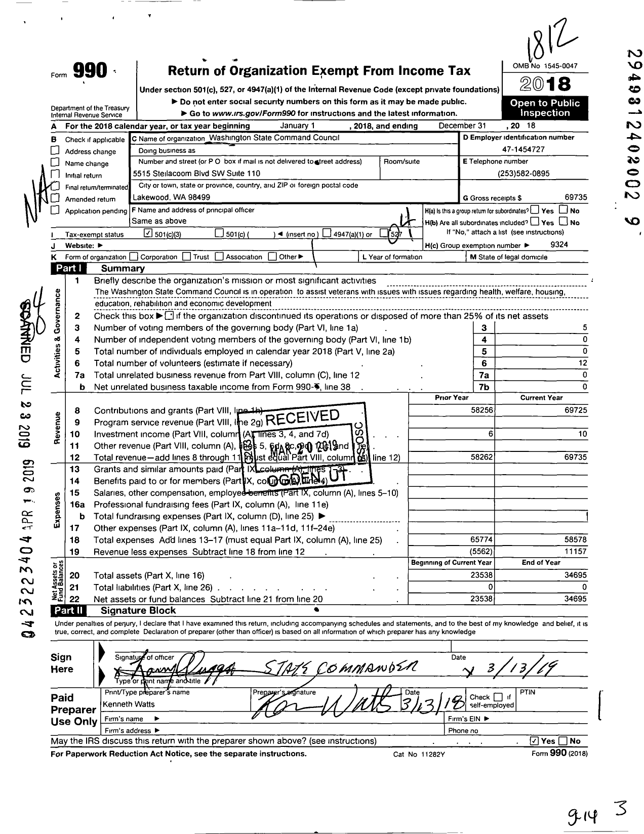 Image of first page of 2018 Form 990O for Washington State Command Council