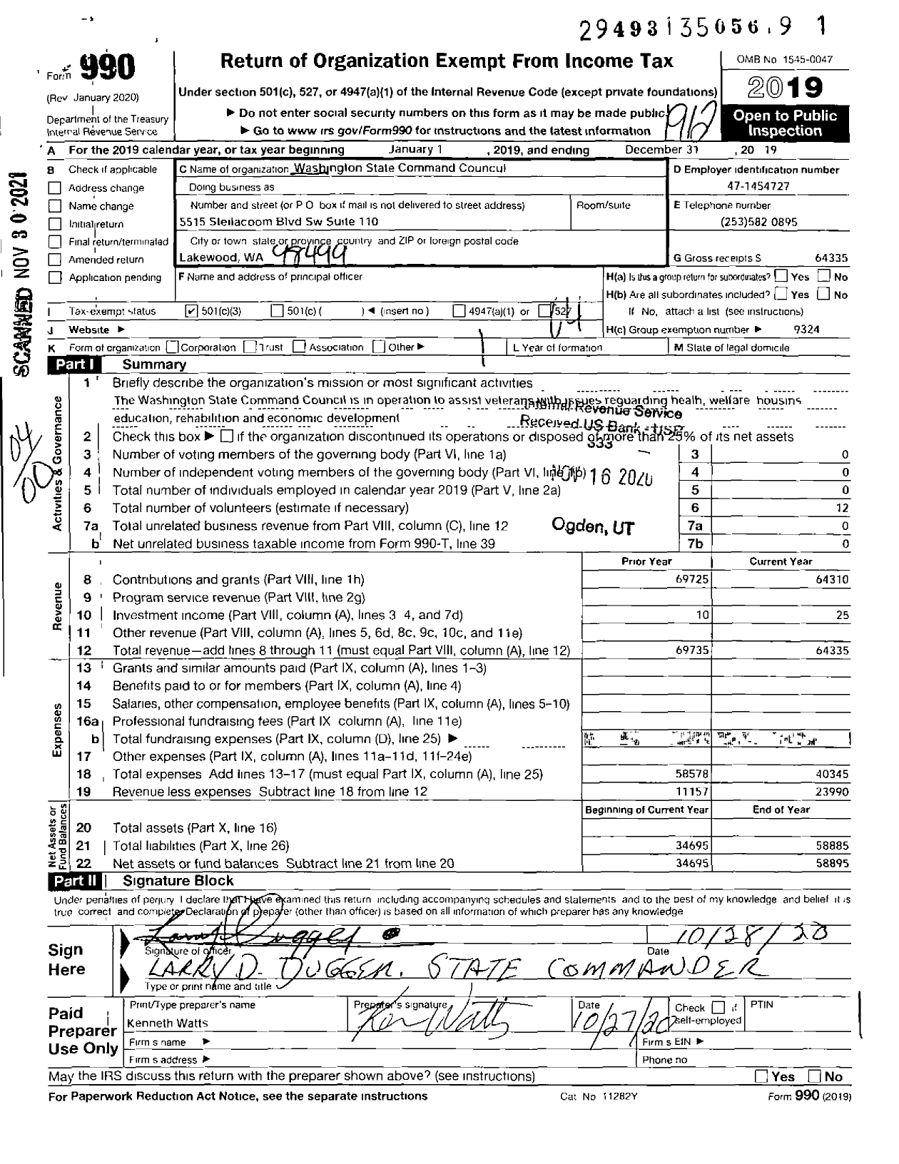 Image of first page of 2019 Form 990O for Washington State Command Council