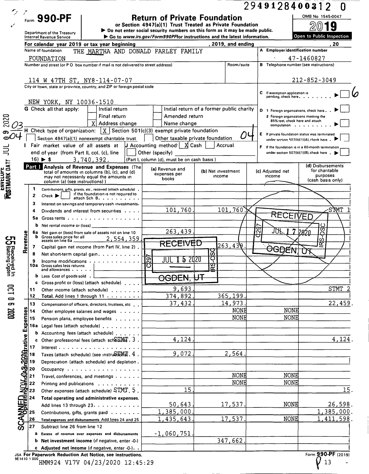 Image of first page of 2019 Form 990PF for The Martha Struthers Farley and Donald C