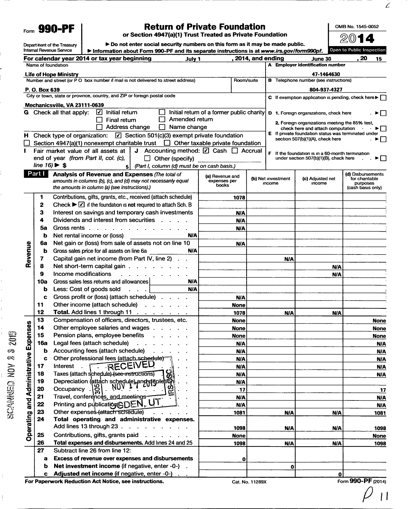 Image of first page of 2014 Form 990PF for Life of Hope Ministry