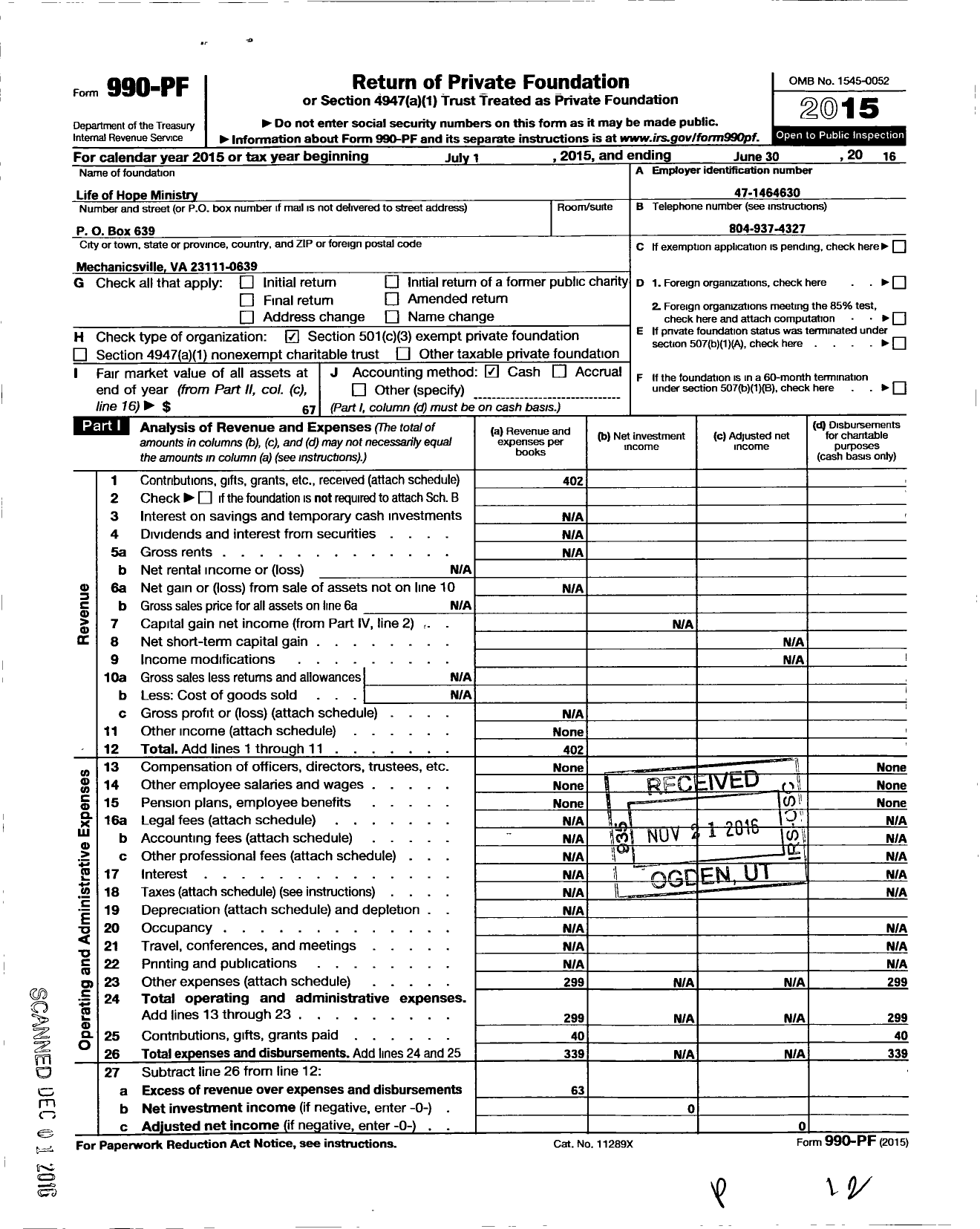 Image of first page of 2015 Form 990PF for Life of Hope Ministry