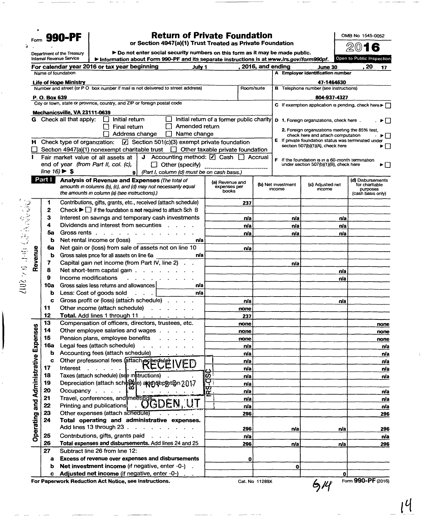 Image of first page of 2016 Form 990PF for Life of Hope Ministry