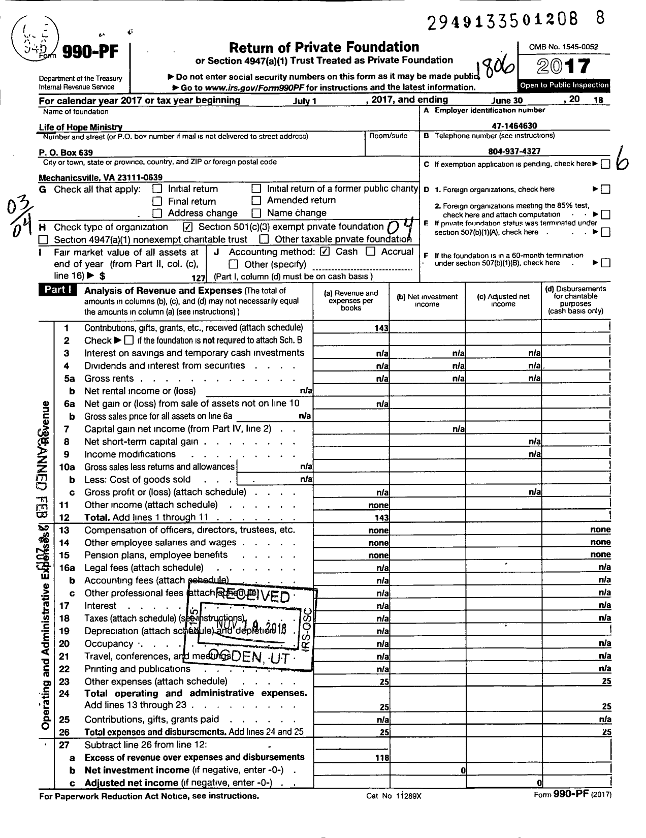 Image of first page of 2017 Form 990PF for Life of Hope Ministry