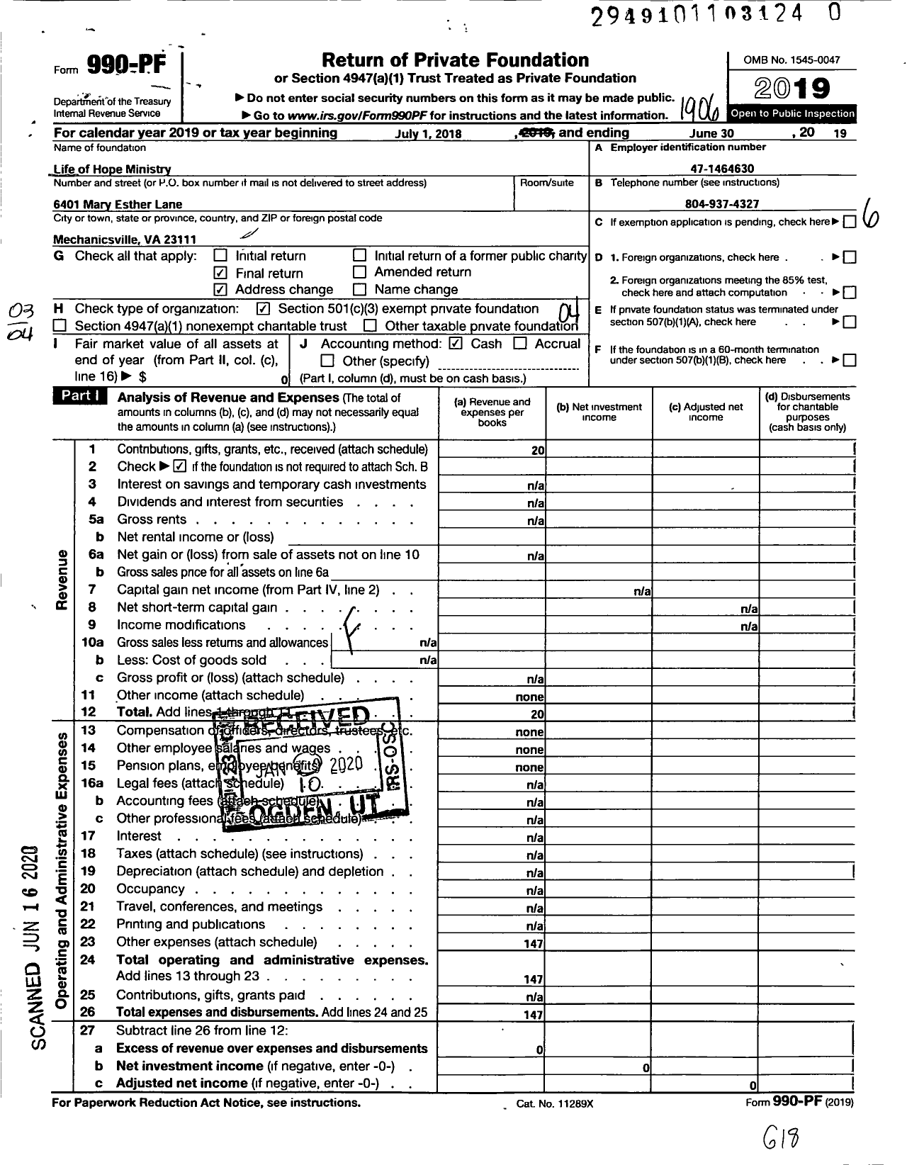 Image of first page of 2018 Form 990PR for Life of Hope Ministry