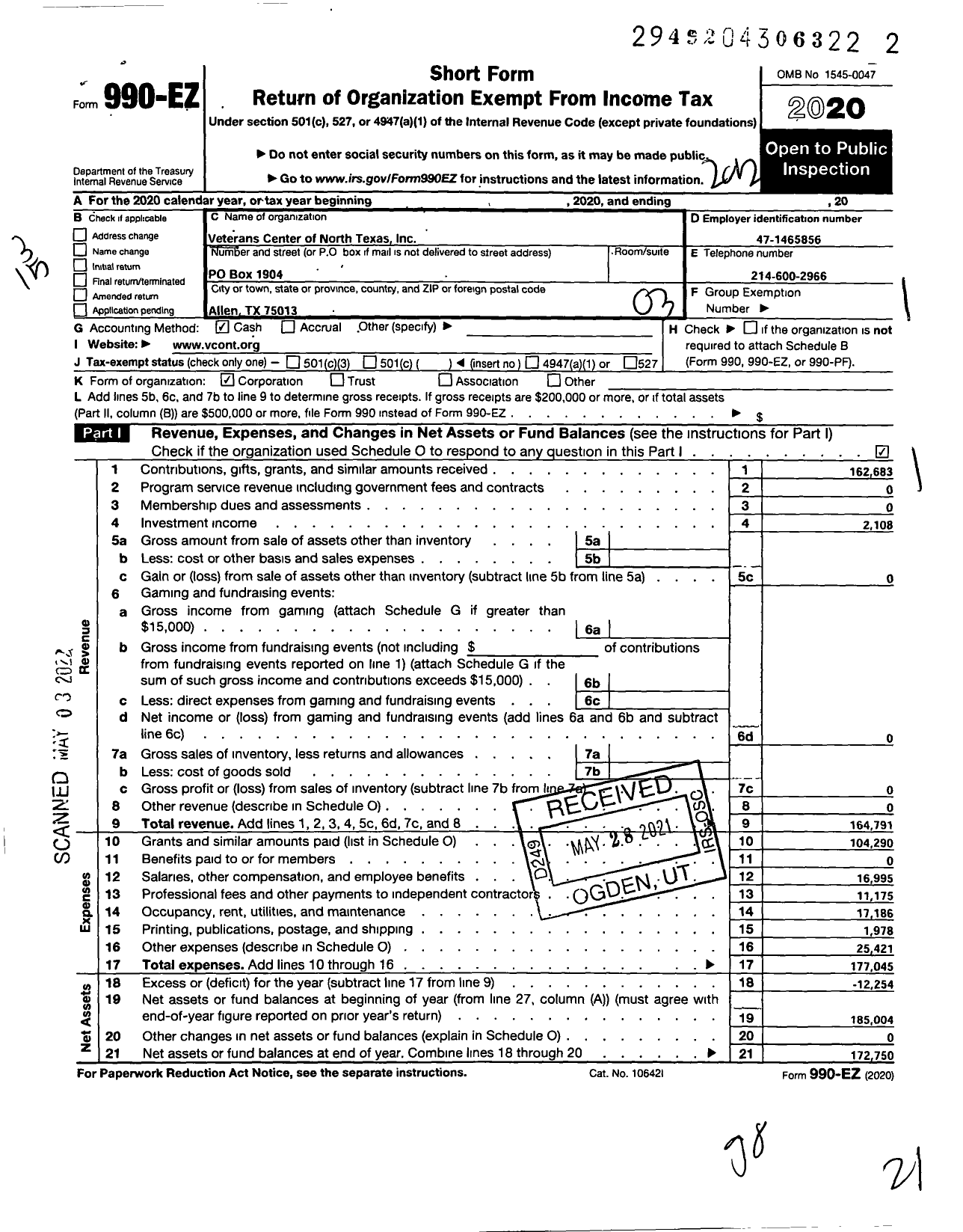 Image of first page of 2020 Form 990EZ for Veterans Center of North Texas