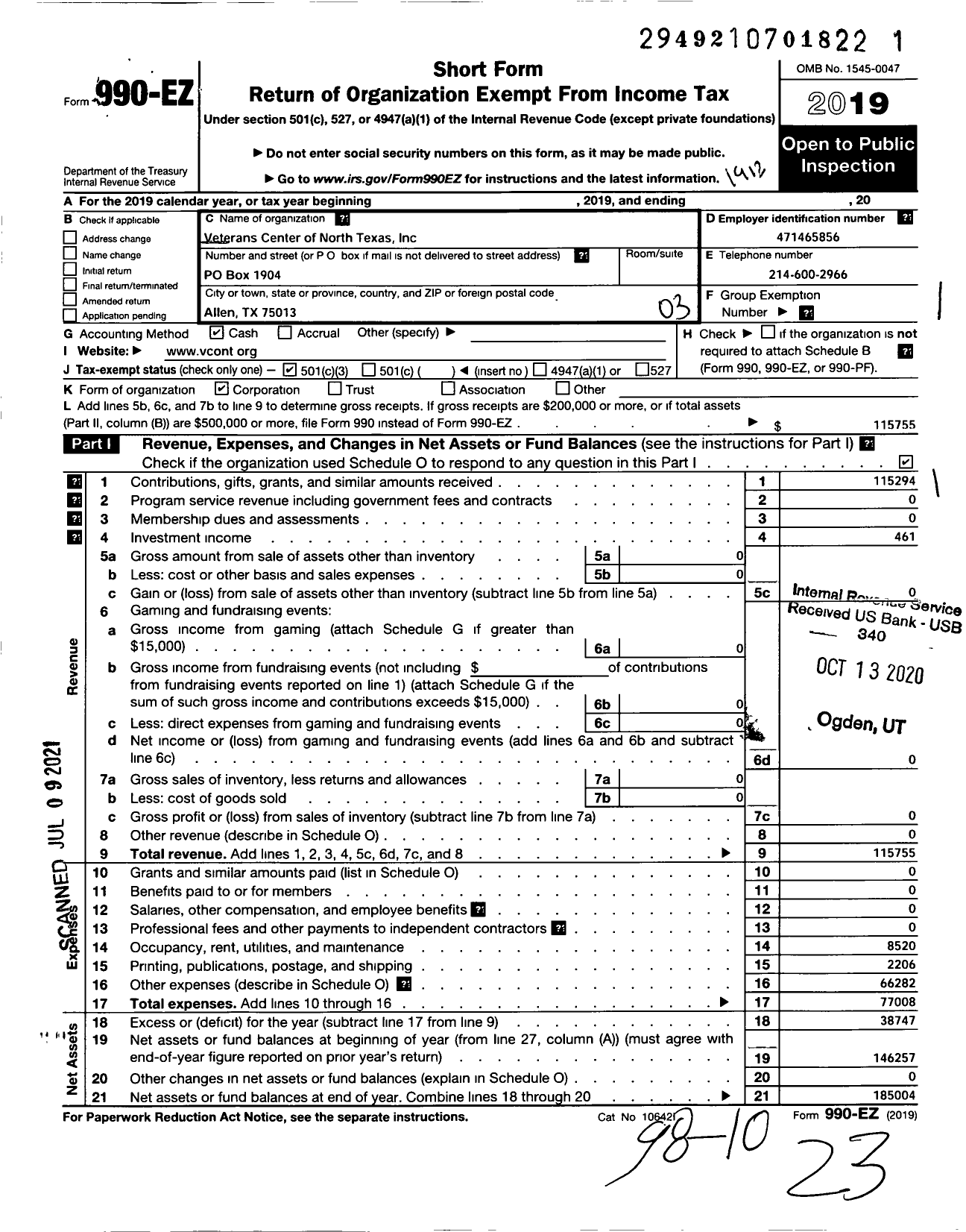 Image of first page of 2019 Form 990EZ for Veterans Center of North Texas