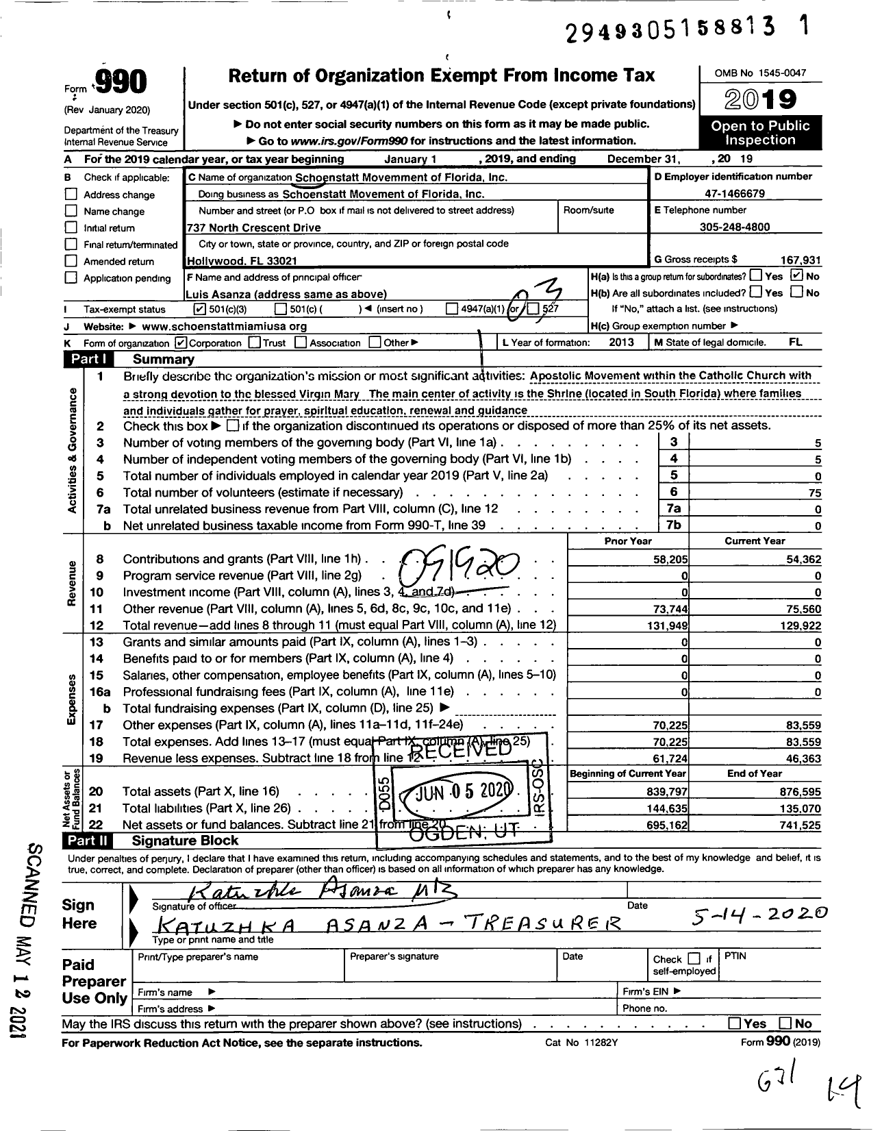 Image of first page of 2019 Form 990 for Schoenstatt Movement of Florida