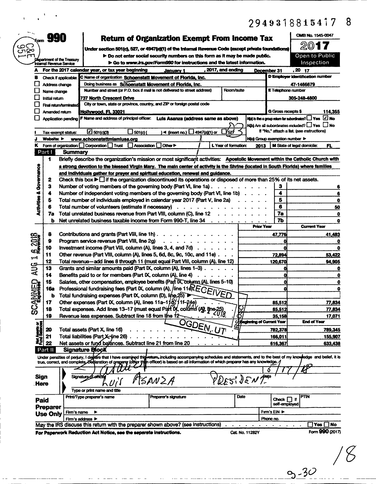 Image of first page of 2017 Form 990 for Schoenstatt Movement of Florida