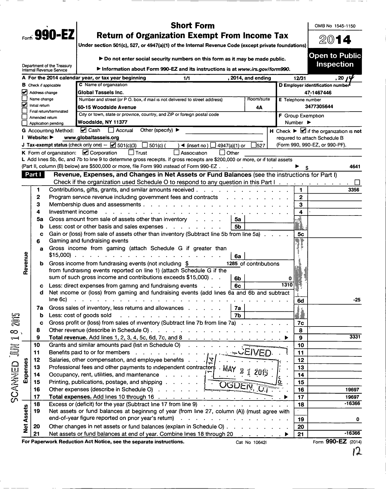 Image of first page of 2014 Form 990EZ for Global Tassels