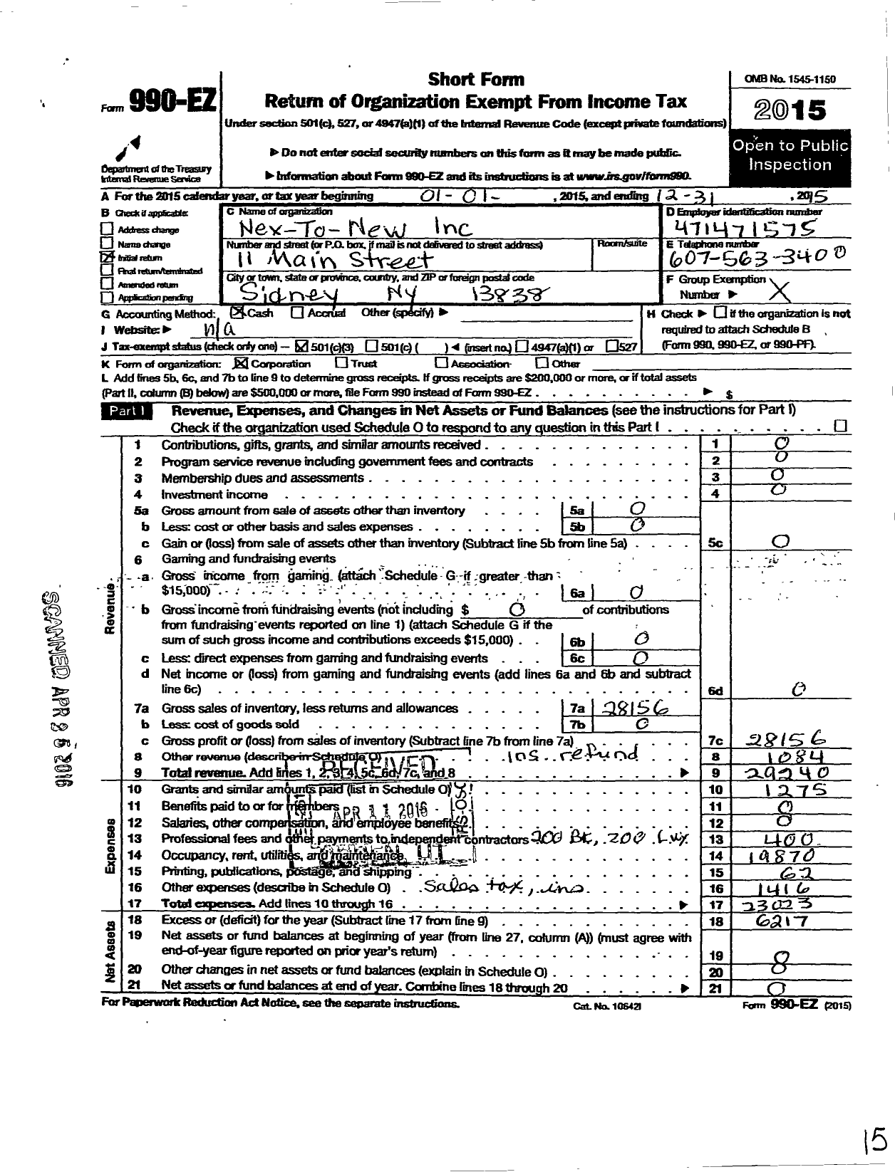 Image of first page of 2015 Form 990EZ for Nex-To-New