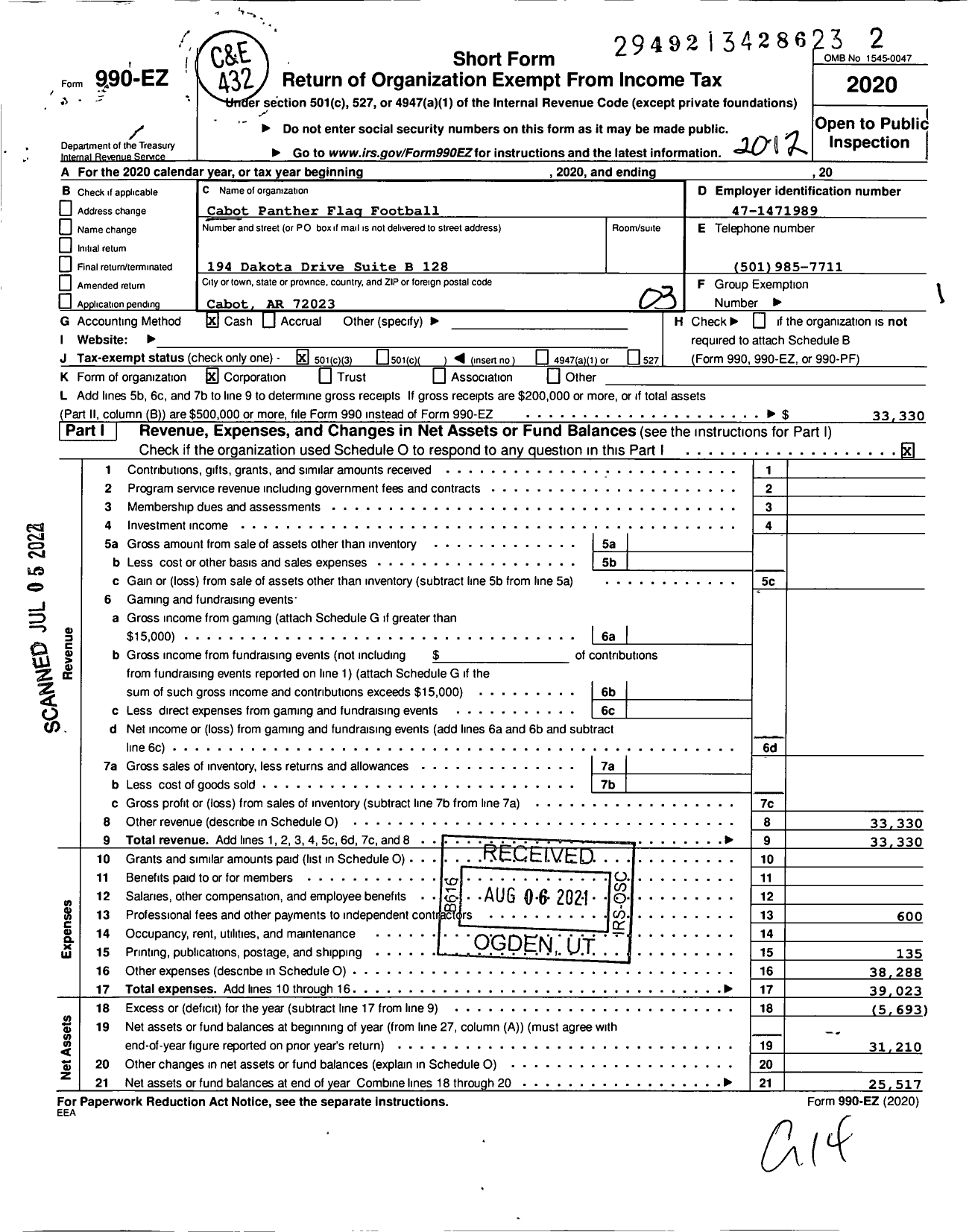 Image of first page of 2020 Form 990EZ for Cabot Panther Flag Football