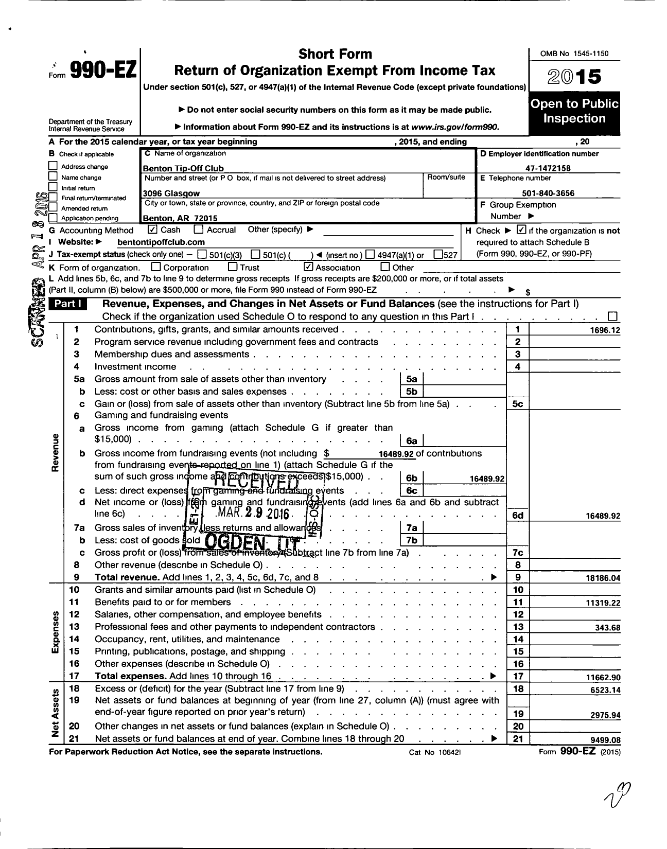 Image of first page of 2015 Form 990EO for Parent Booster USA / Benton Tip Off Club Inc