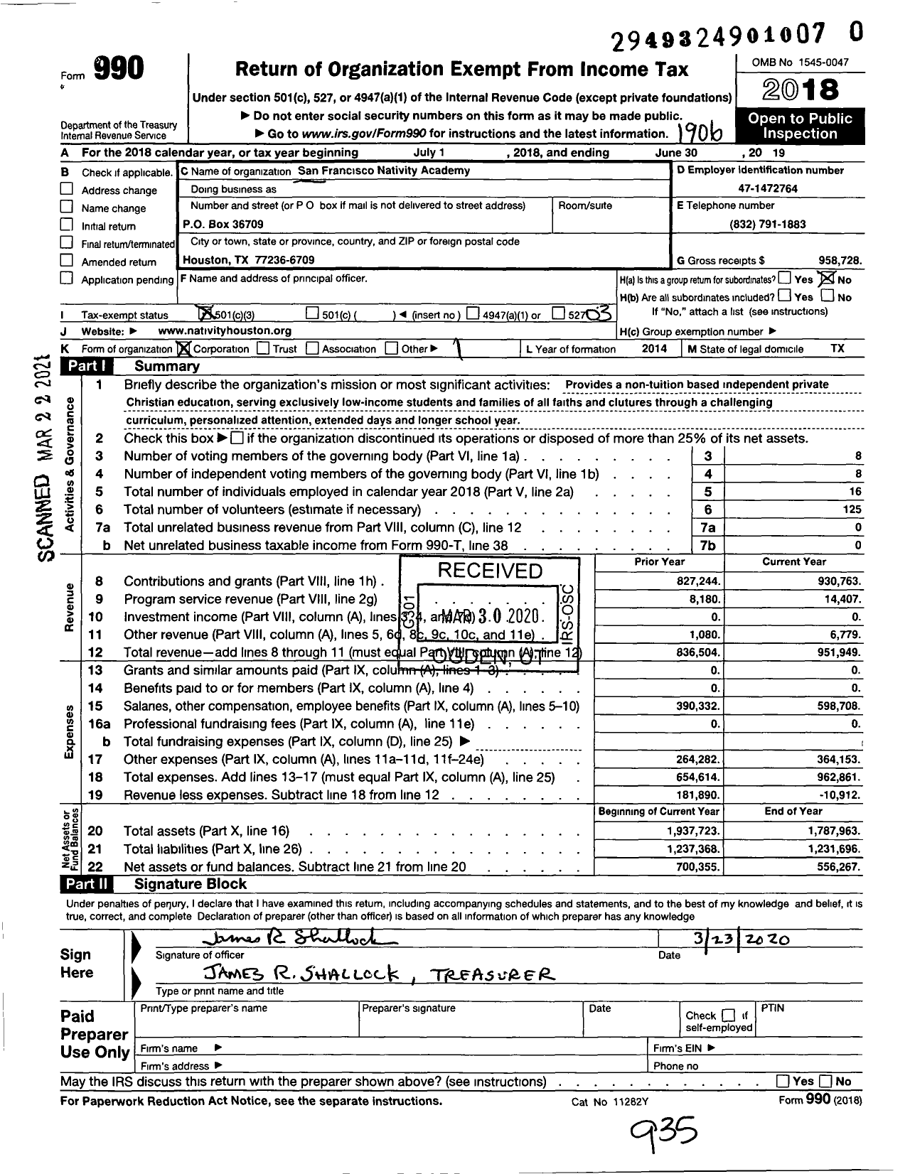 Image of first page of 2018 Form 990 for Nativity Academy of Houston