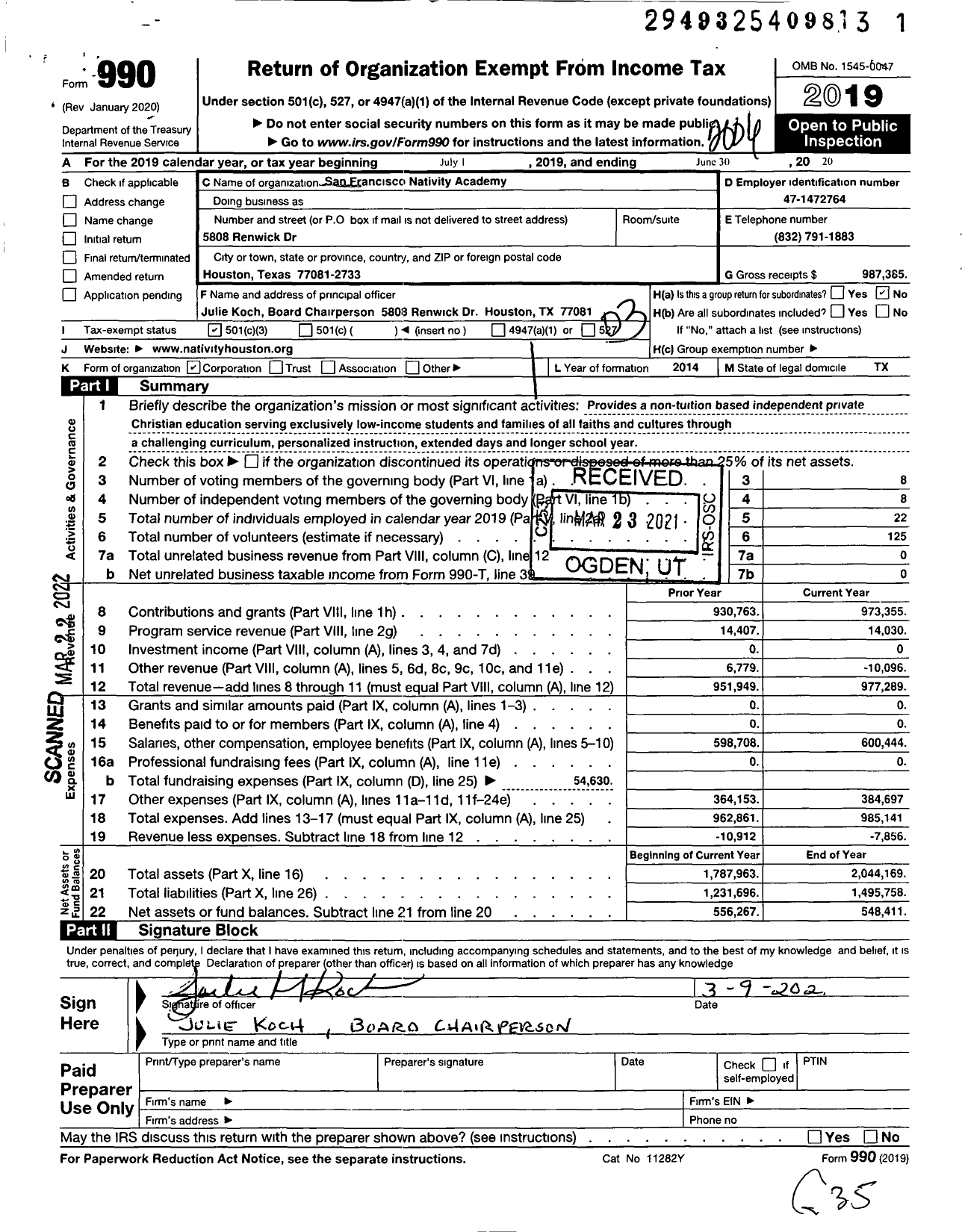 Image of first page of 2019 Form 990 for Nativity Academy of Houston