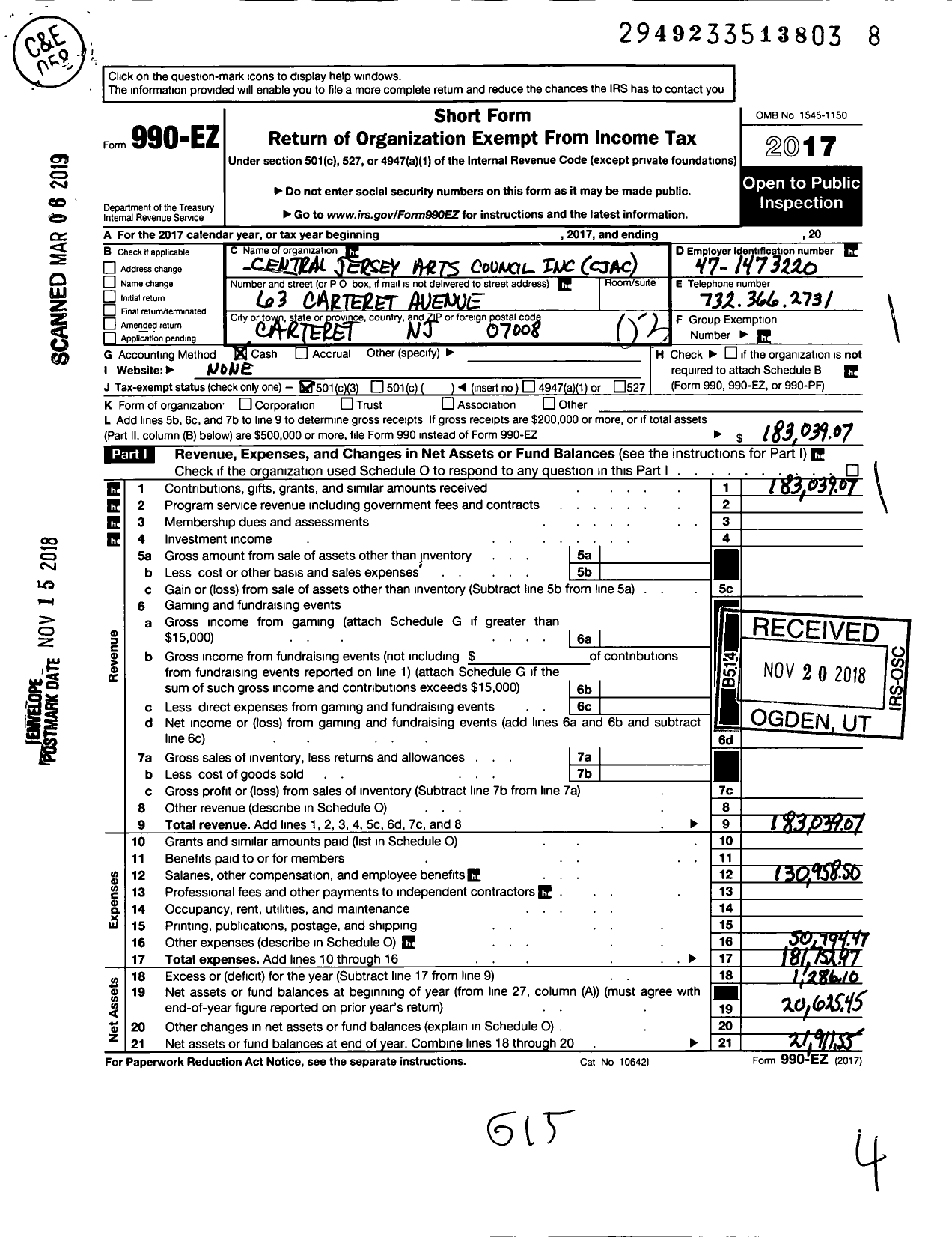 Image of first page of 2017 Form 990EZ for Central Jersey Arts Council