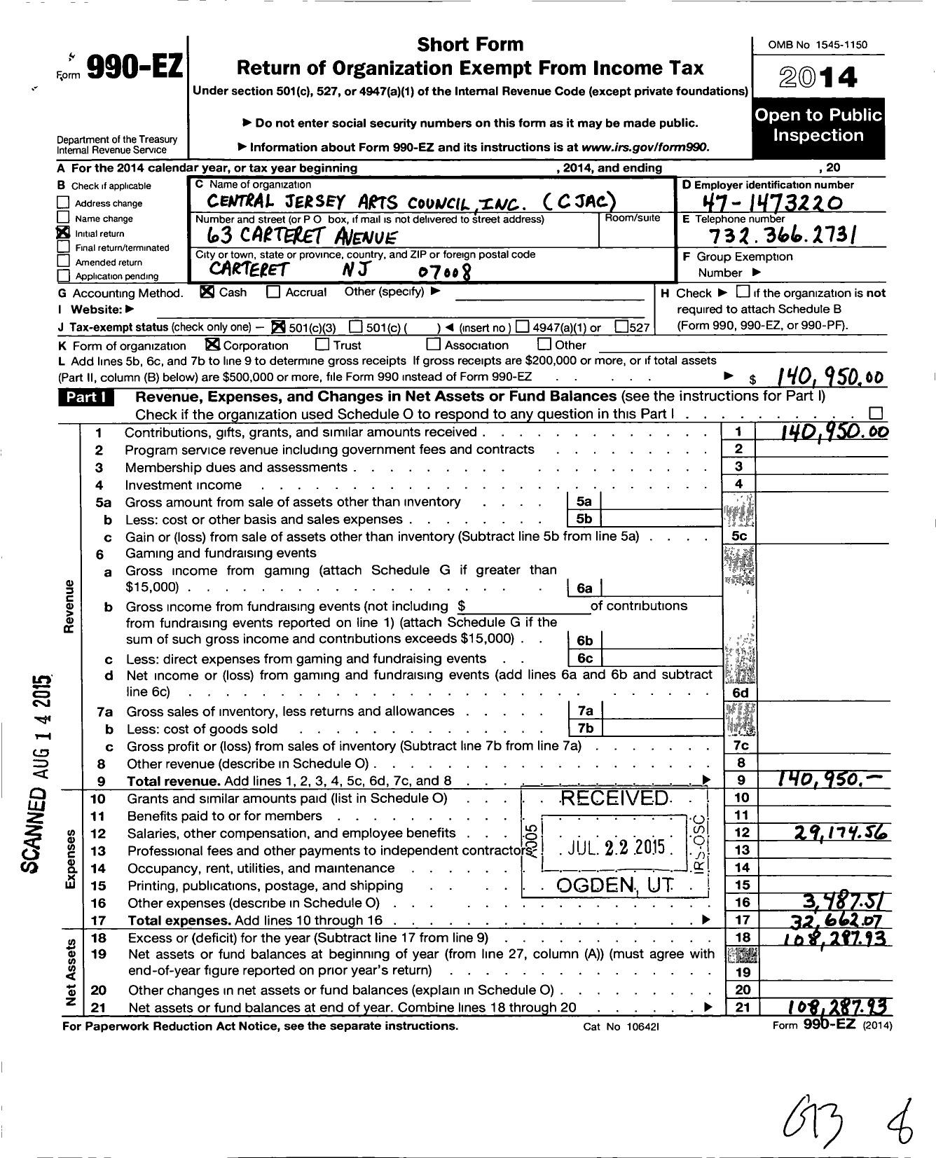 Image of first page of 2014 Form 990EZ for Central Jersey Arts Council