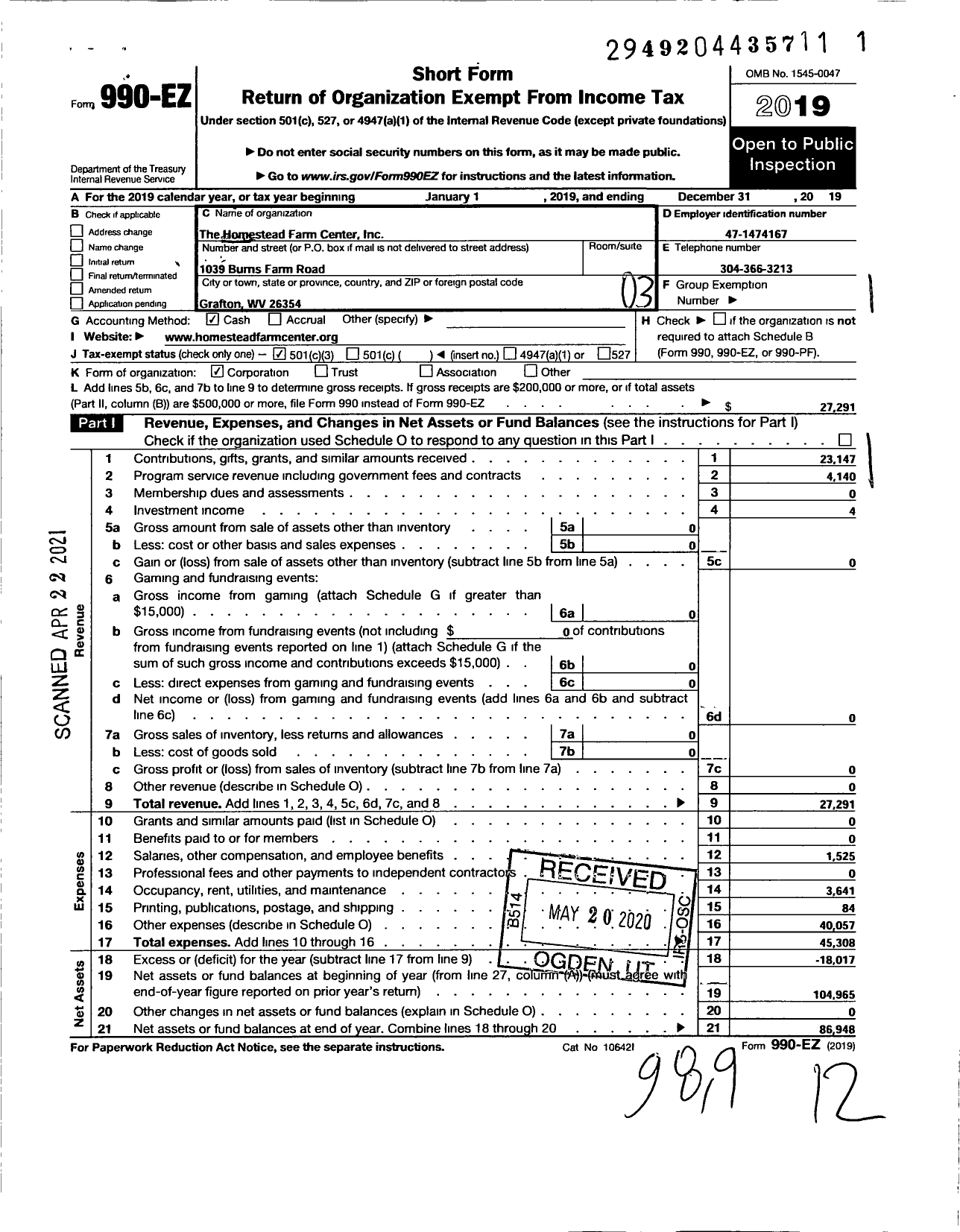 Image of first page of 2019 Form 990EZ for Homestead Farm Center