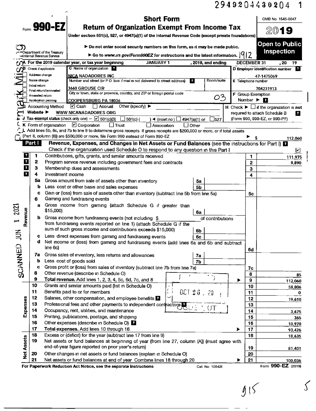 Image of first page of 2019 Form 990EZ for Nica Nadadores