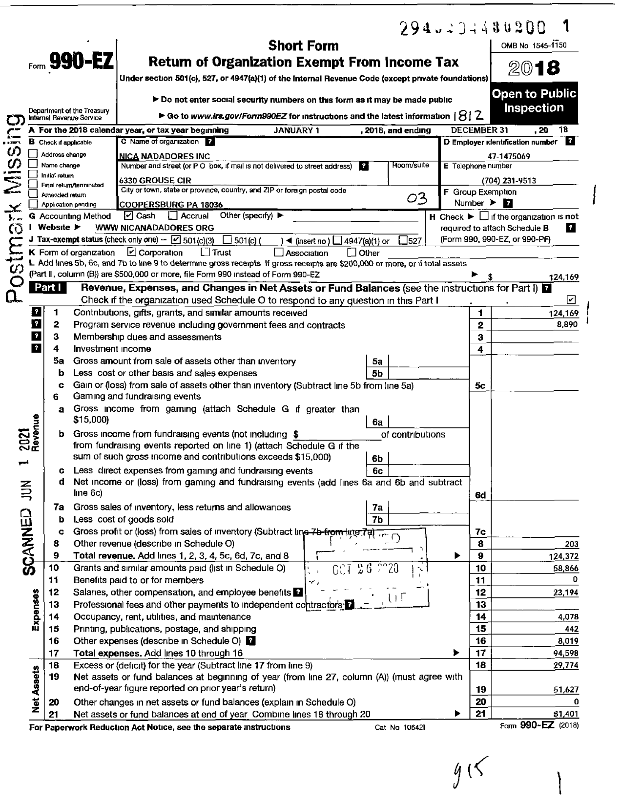 Image of first page of 2018 Form 990EZ for Nica Nadadores