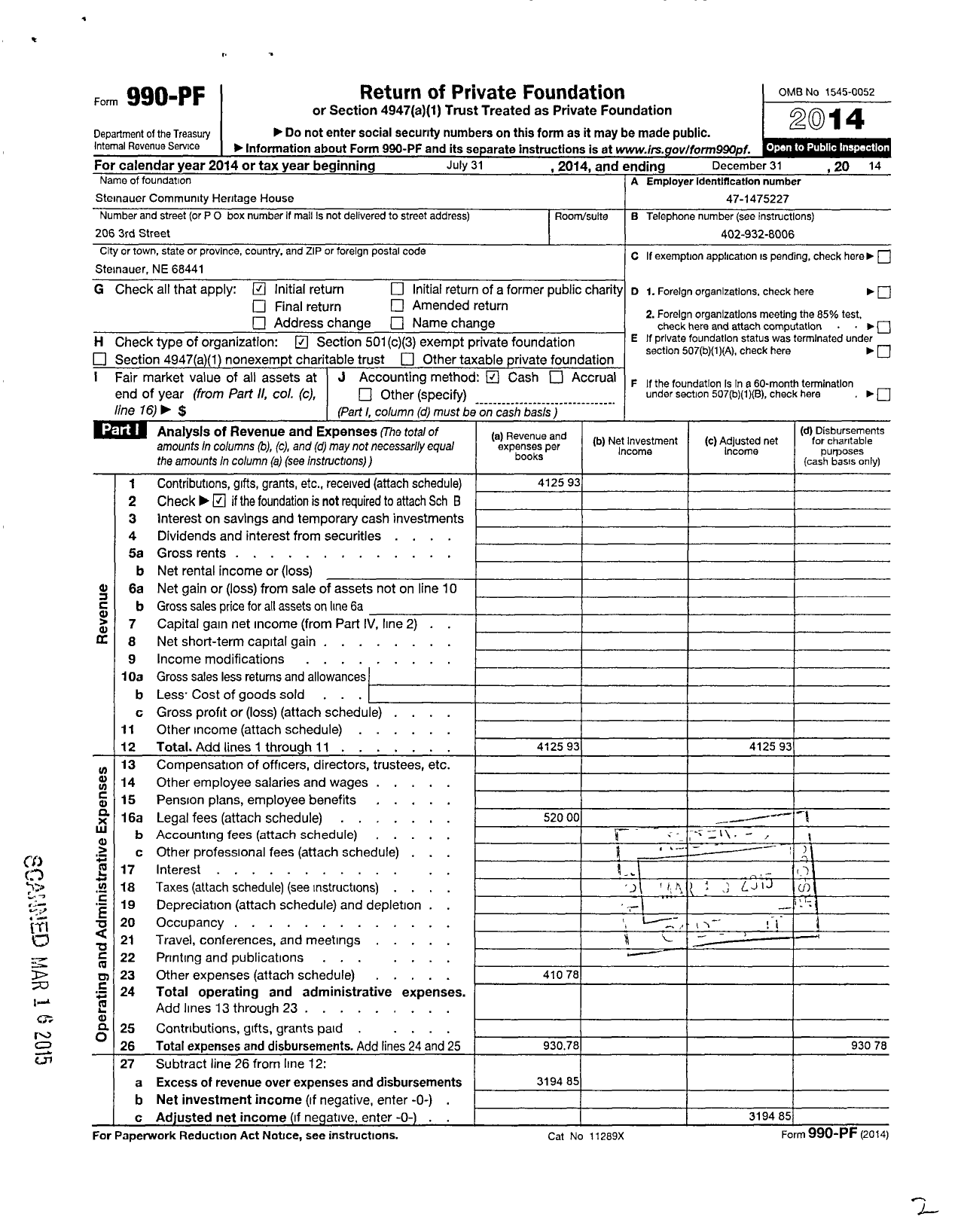 Image of first page of 2014 Form 990PF for Steinauer Community Heritage House