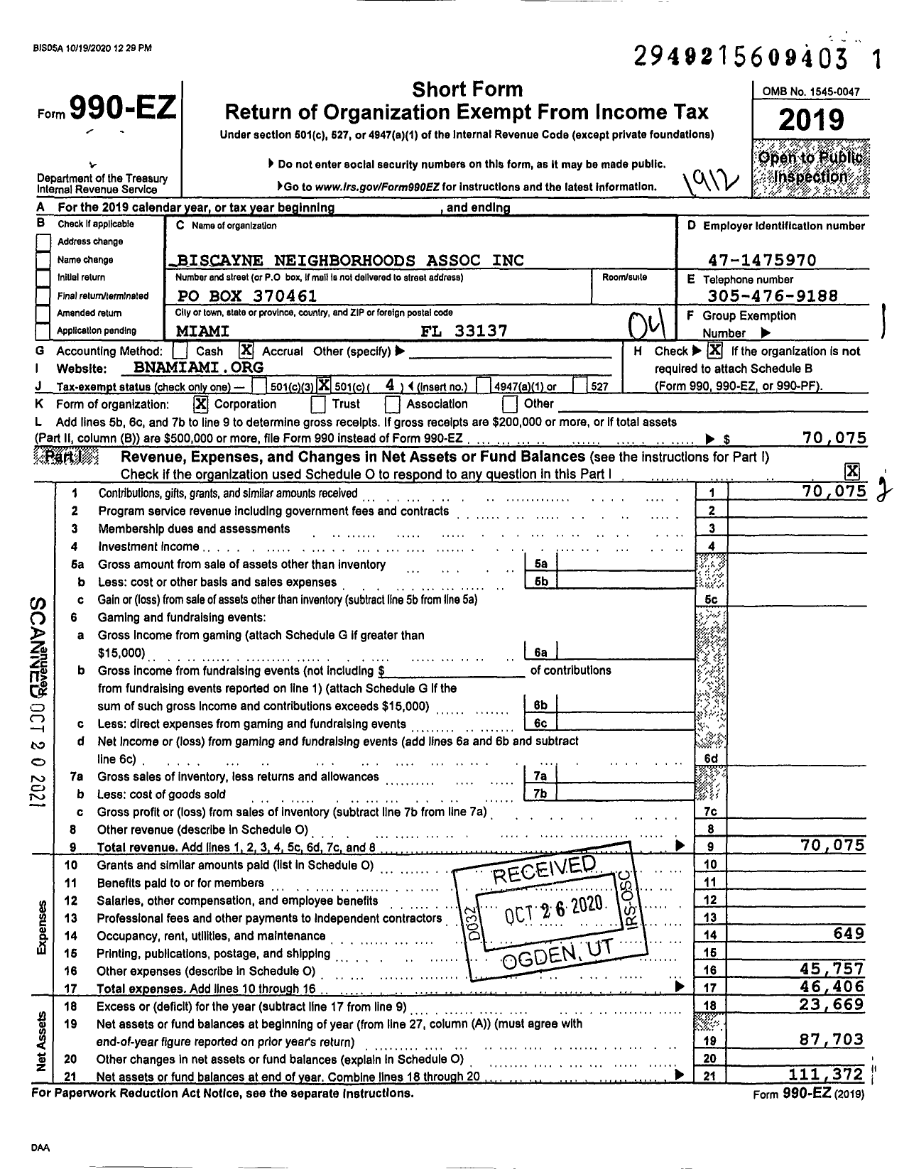 Image of first page of 2019 Form 990EO for Biscayne Neighborhoods Association