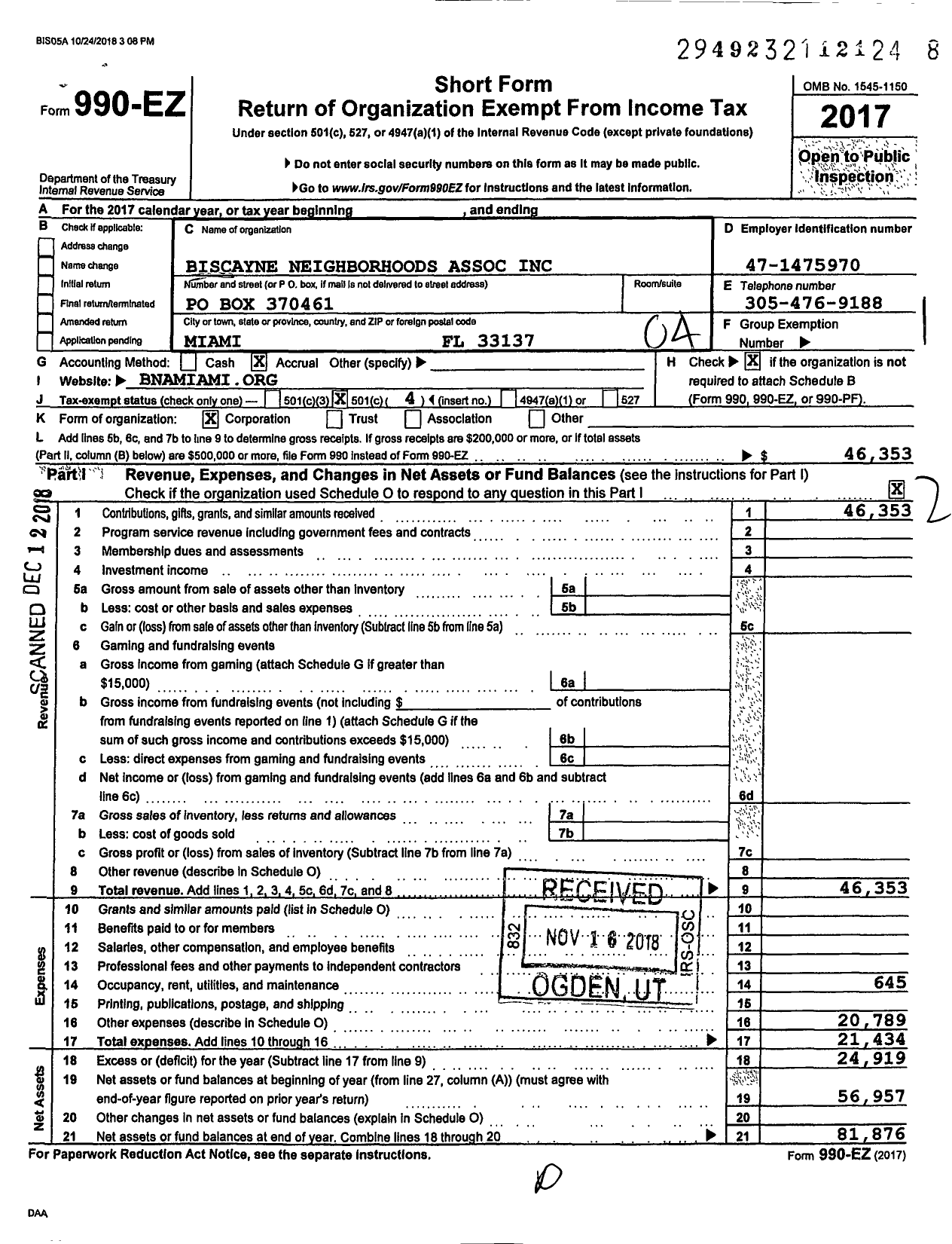 Image of first page of 2017 Form 990EO for Biscayne Neighborhoods Association