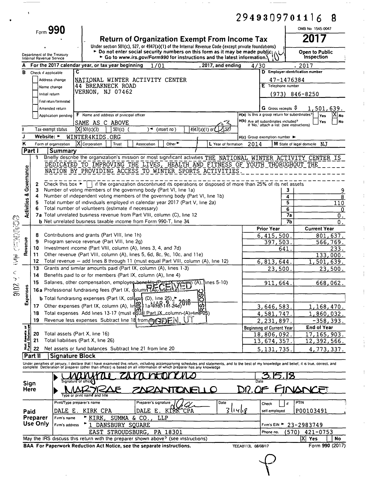 Image of first page of 2016 Form 990 for National Winter Activity Center Winter4kids (NWAC)