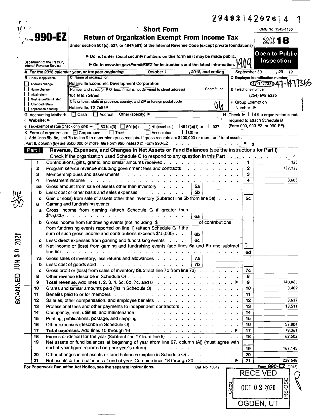 Image of first page of 2018 Form 990EO for Nolanville Economic Development Corporation