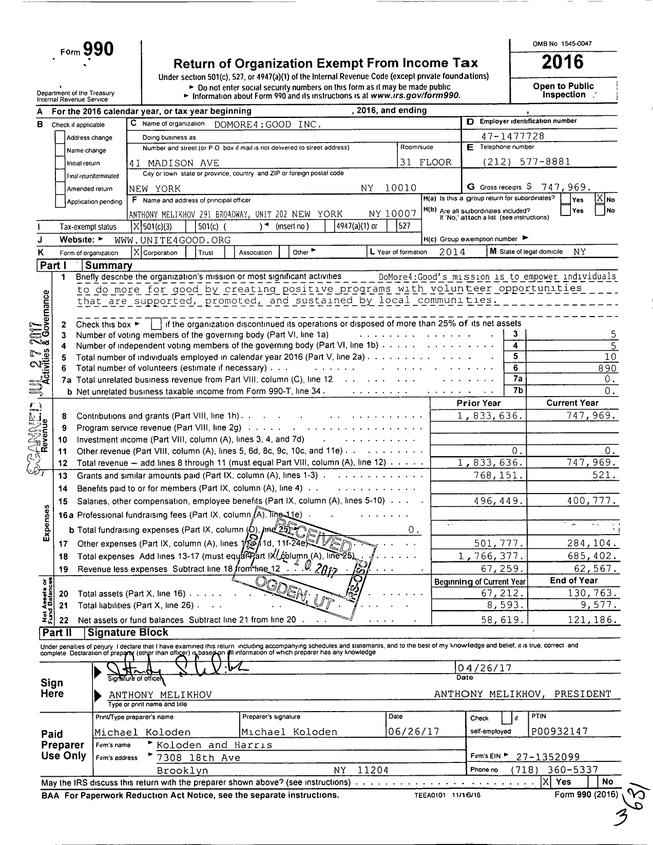 Image of first page of 2016 Form 990 for Unite4good Foundation