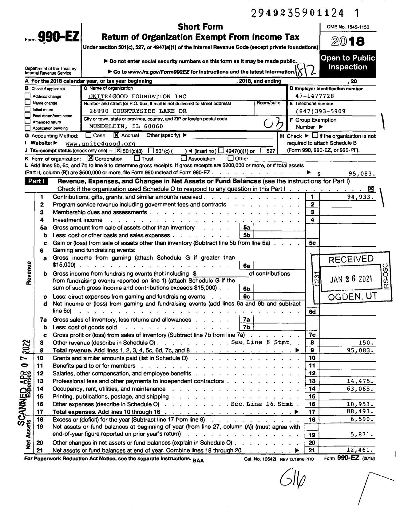 Image of first page of 2018 Form 990EZ for Unite4good Foundation