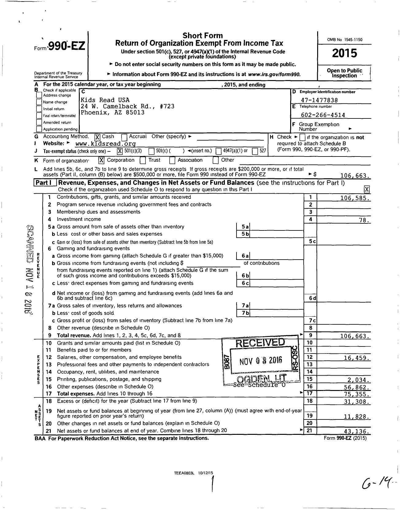 Image of first page of 2015 Form 990EZ for Kidsread USA