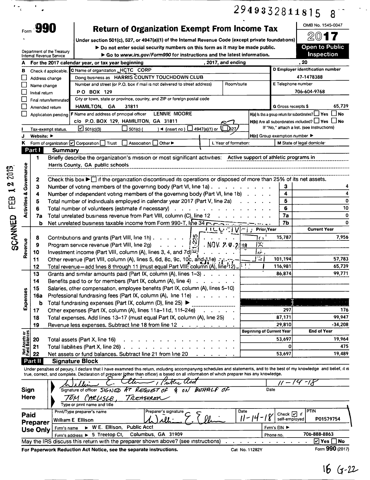 Image of first page of 2017 Form 990 for HCTC Corporation