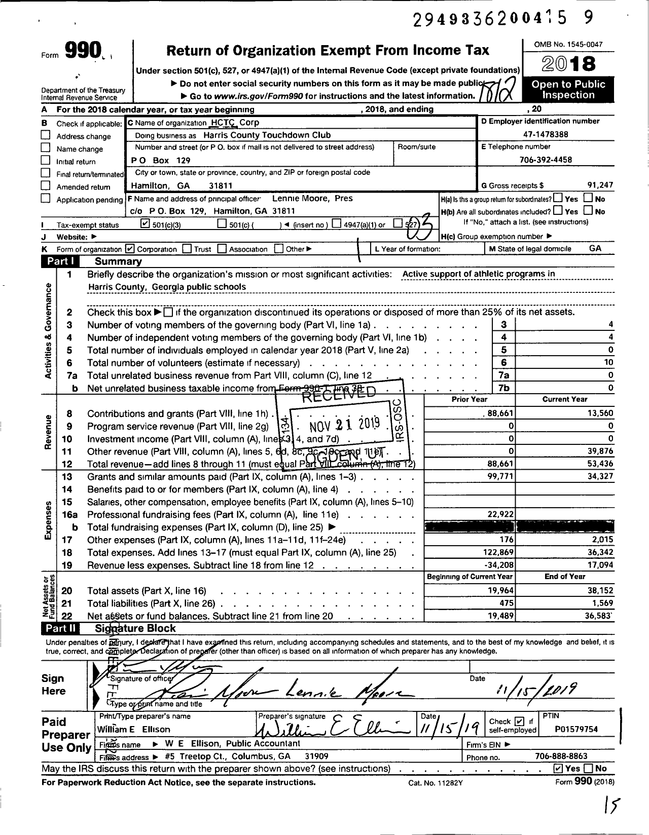 Image of first page of 2018 Form 990 for HCTC Corporation