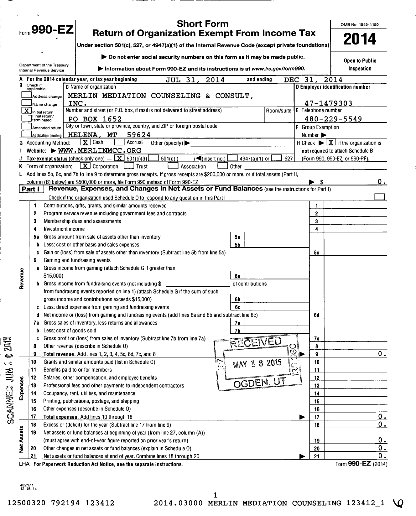Image of first page of 2014 Form 990EZ for Merlin Mediation Counseling and Consulting