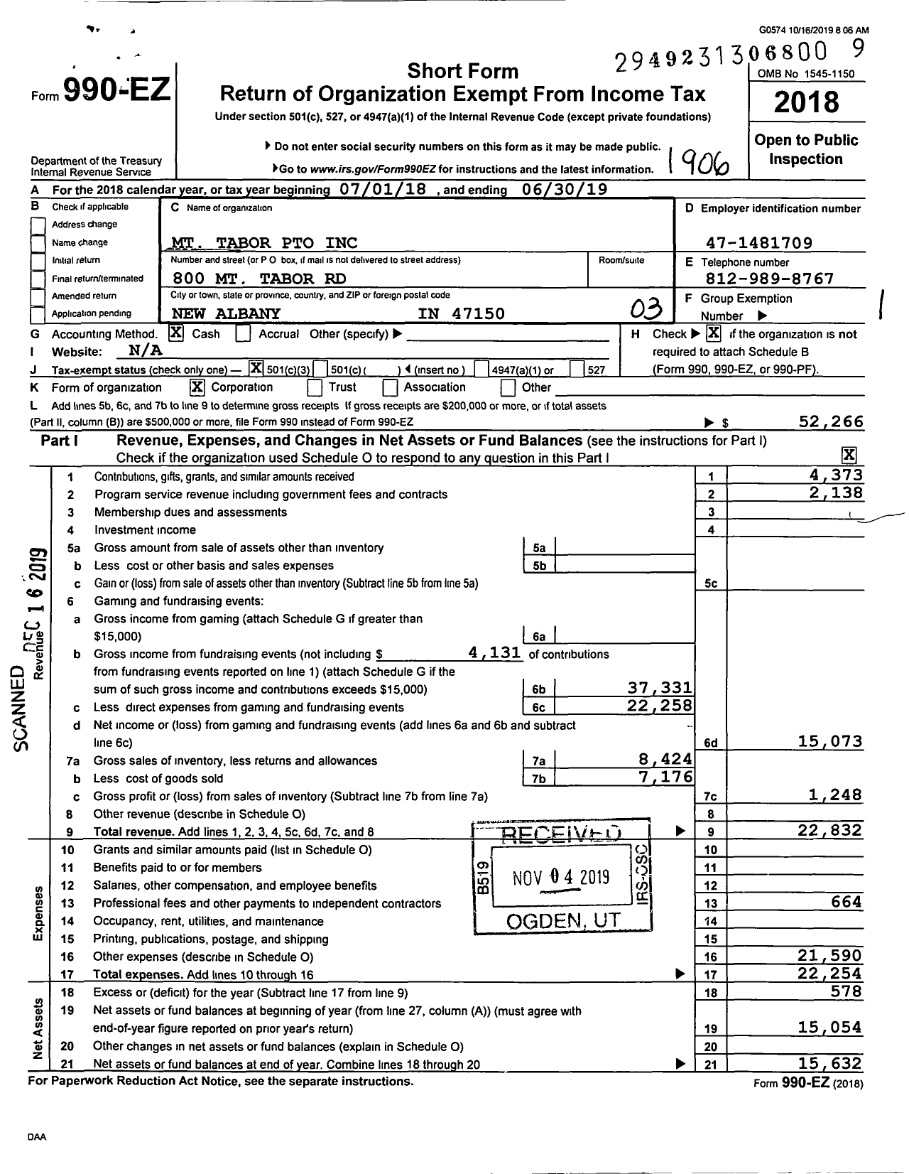 Image of first page of 2018 Form 990EZ for MT Tabor Pto