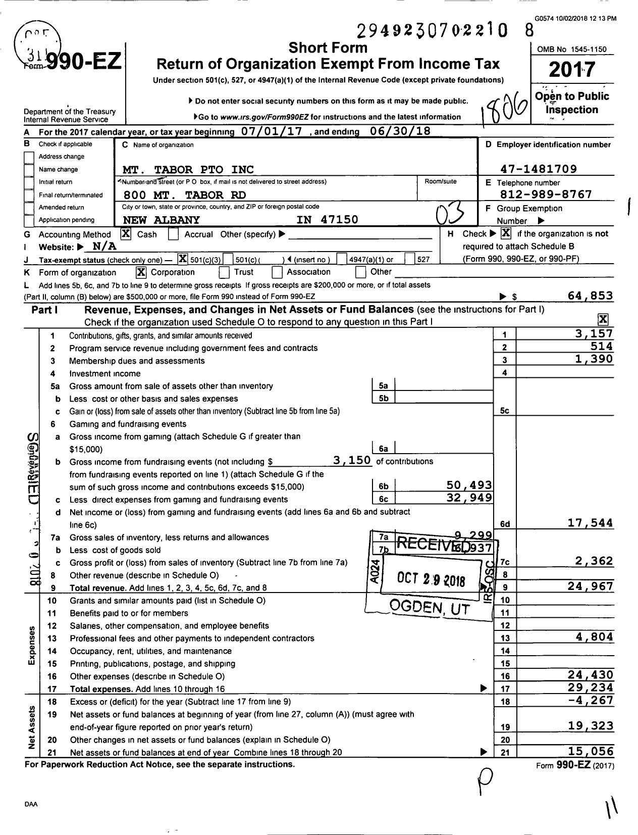 Image of first page of 2017 Form 990EZ for MT Tabor Pto