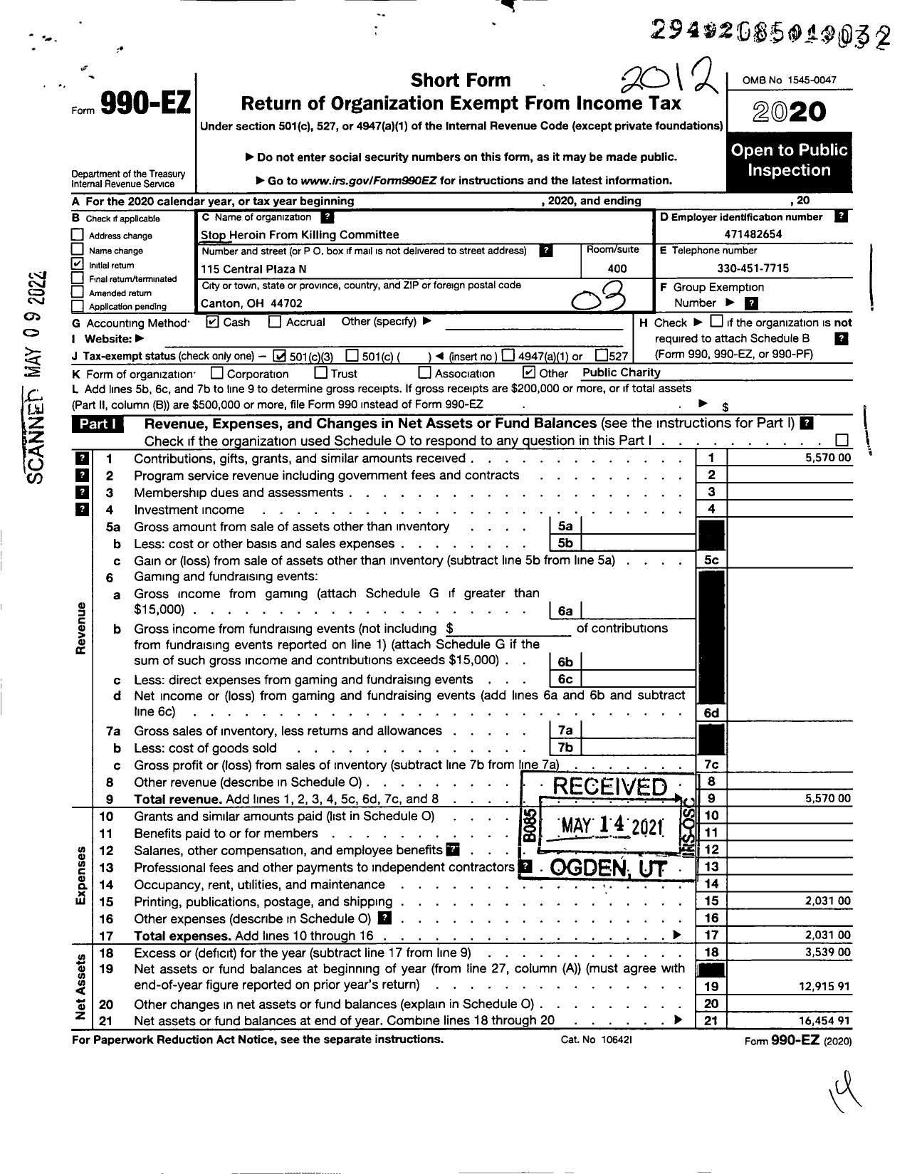 Image of first page of 2020 Form 990EZ for Stop Heroin From Killing Committee