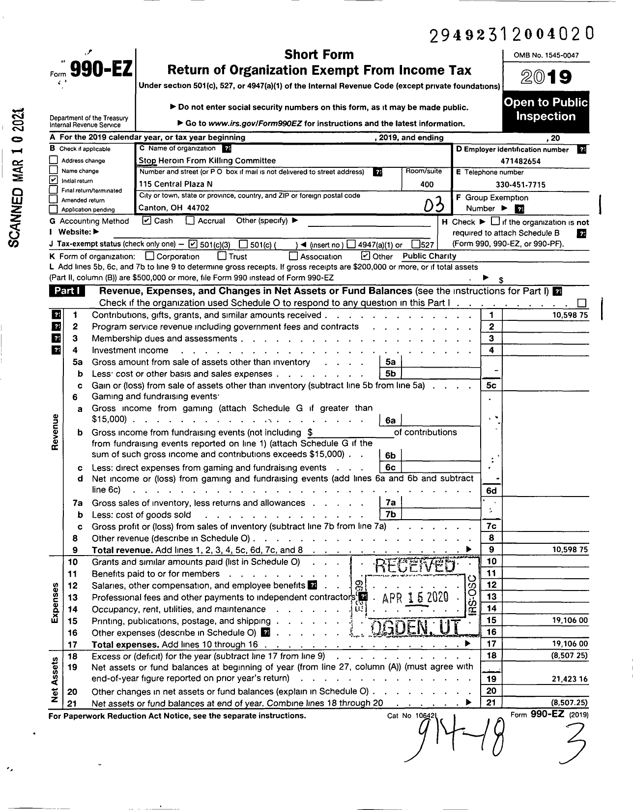 Image of first page of 2019 Form 990EZ for Stop Heroin From Killing Committee