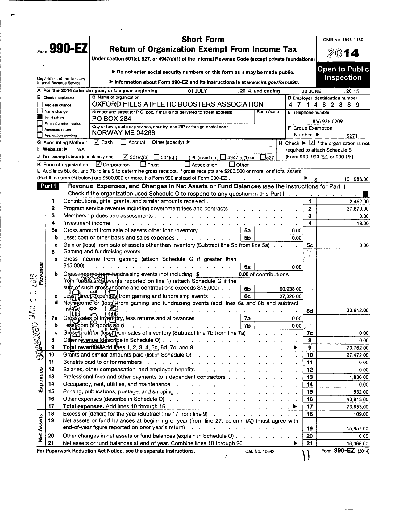 Image of first page of 2014 Form 990EZ for Parent Booster USA / Oxford Hills Athletic Boosters Asso